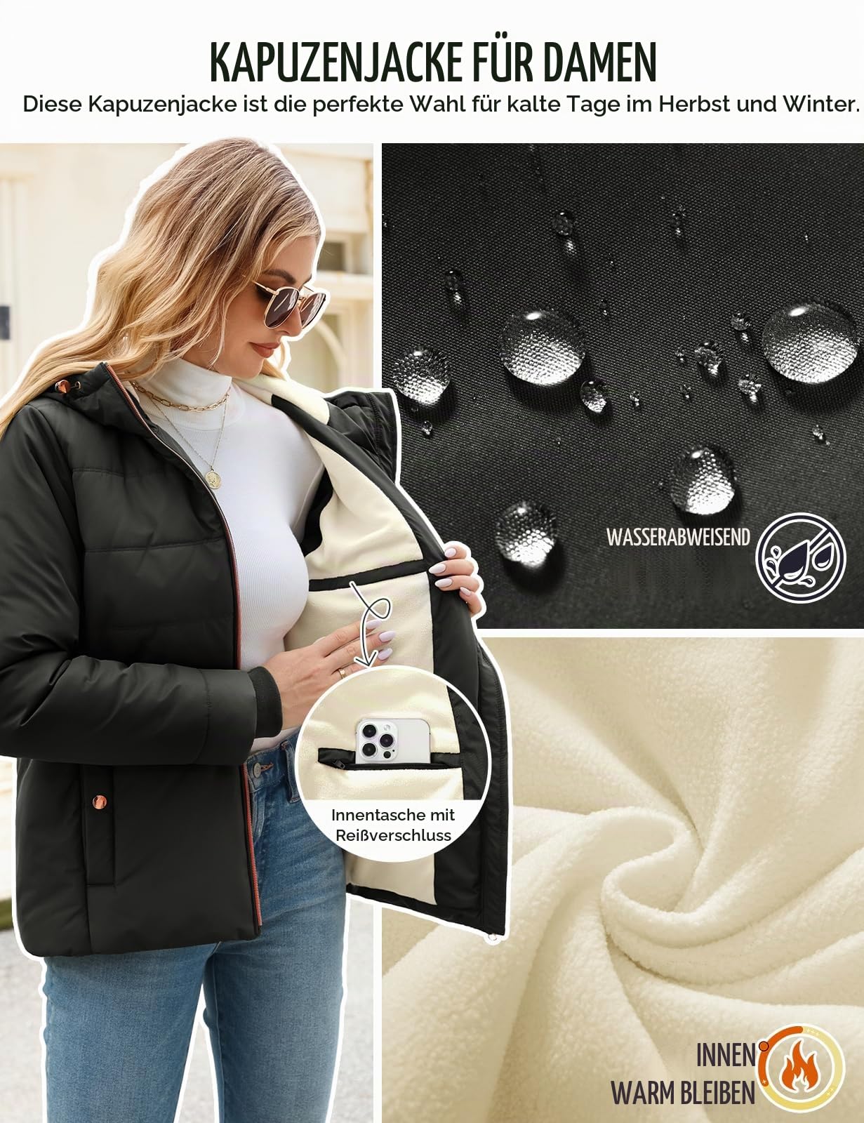 Winterjacke Damen Kurz Steppjacke Winter Parka Damen-Jacken Gefüttert Steppmantel Puffer Mantel Übergangsjacke Warm Hooded Jacket Wintermantel mit Taschen