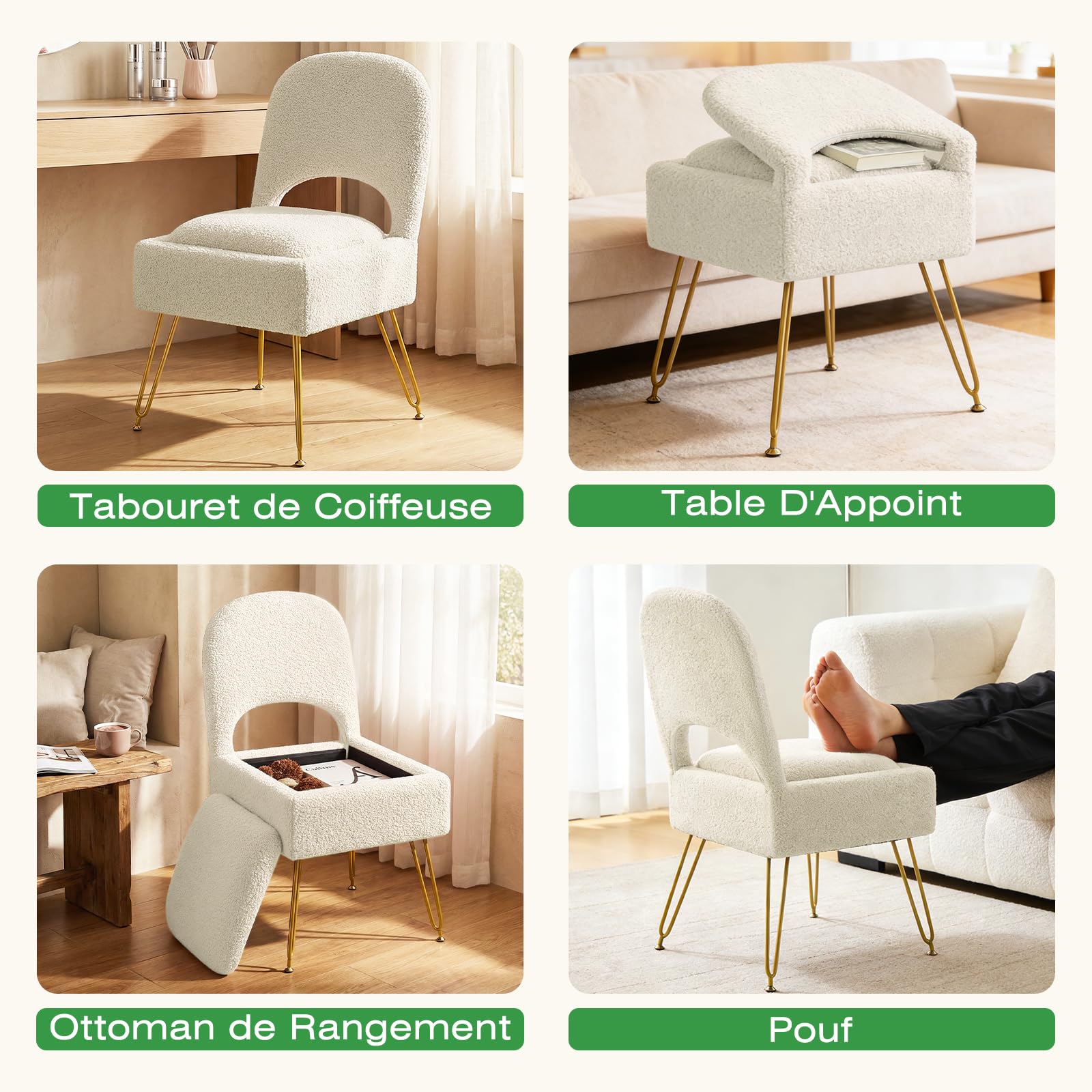 Hellove Tabouret Coiffeuse Sherpa avec Dossier & Rangement – Chaise Coiffeuse à Pieds Dorés, Pouf Rembourré pour Salon, Chambre, Siège 42 cm, Espace de Stockage 11L, Blanche