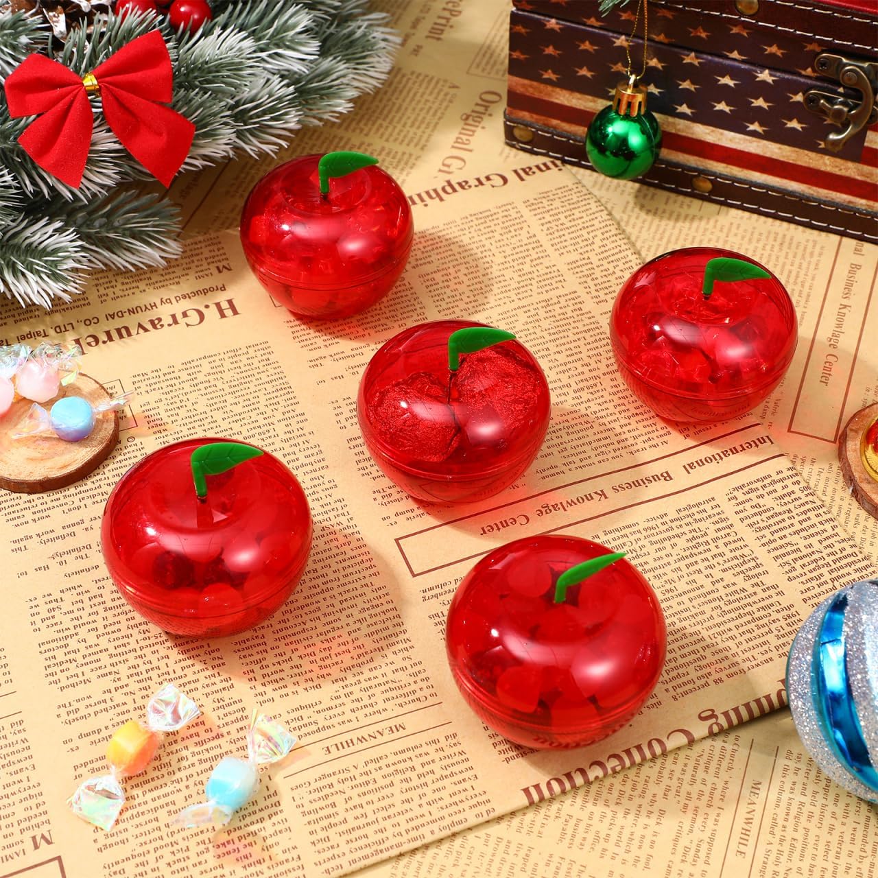 36Pcs Plastic Apple Candy Boxes Red Candy Apple Containers, Christmas Treat Party Favors Decorative Storage for Holiday Themedgifts Filling