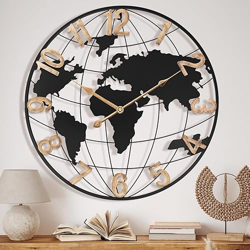 Miniatura 11 de Reloj de pared grande de 24 pulgadas, reloj decorativo moderno y silencioso de metal con mapa mundial para decoración de sala de estar, gran reloj