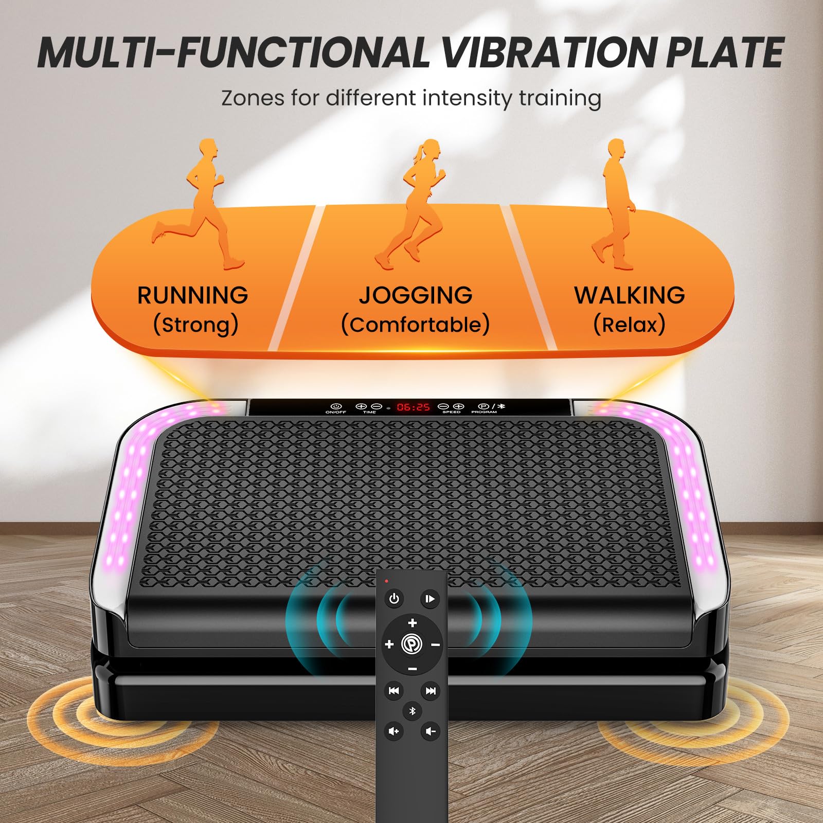 Plateforme Vibrante, Plaque Vibrante Fitness avec 200 Niveaux d'Intensité, 9 Programmes Sport, Haut-Parleur Bluetooth, Télécommande, Bandes et Cordes de Résistance , Écran LED, Capacité de 200 kg