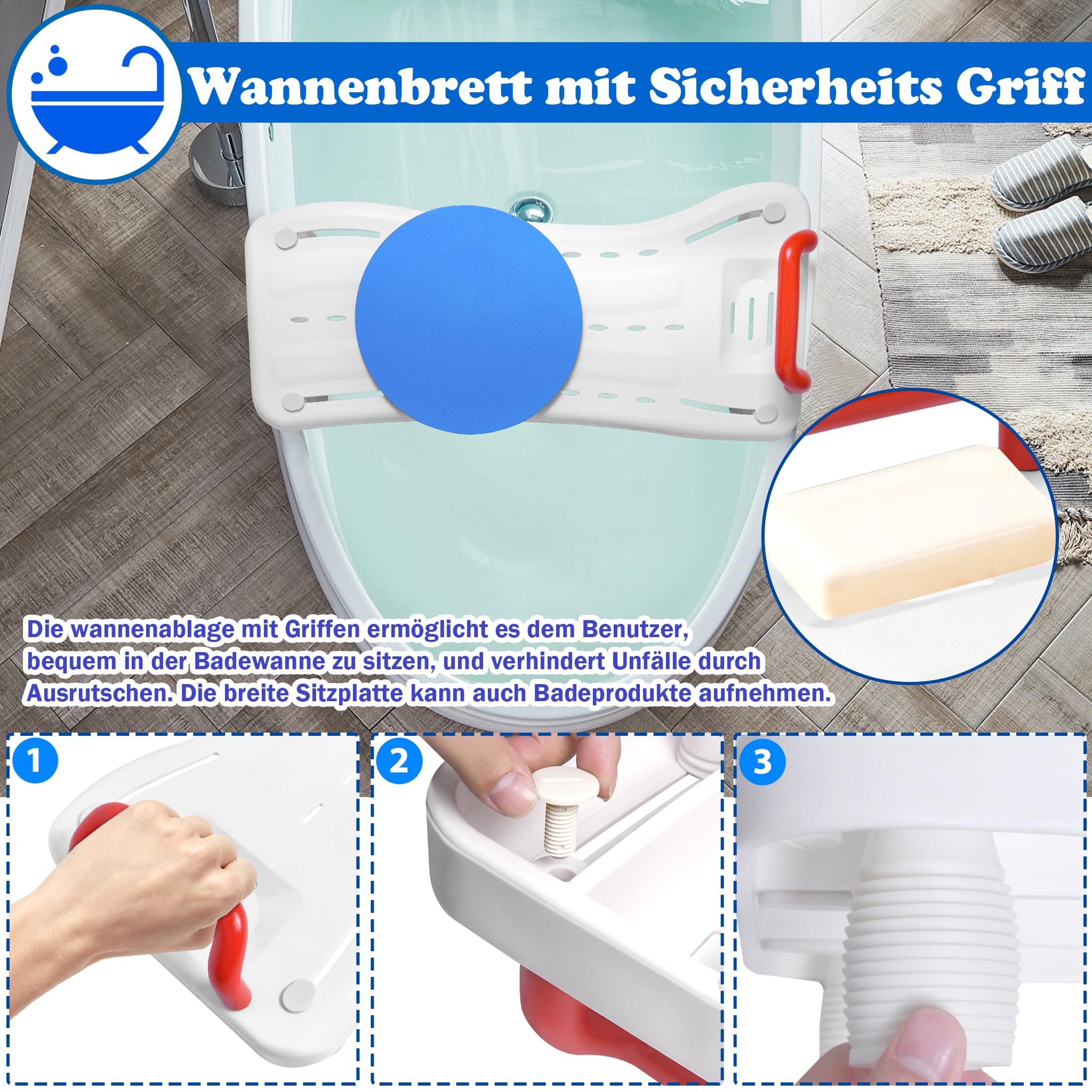 SUBTLETY Planche de bain 76 x 34 cm avec plaque tournante pour baignoire de 41 à 63 cm - Réglable avec planche d'assise en polypropylène et poignée de sécurité noire - Charge maximale : 150 kg - Pour