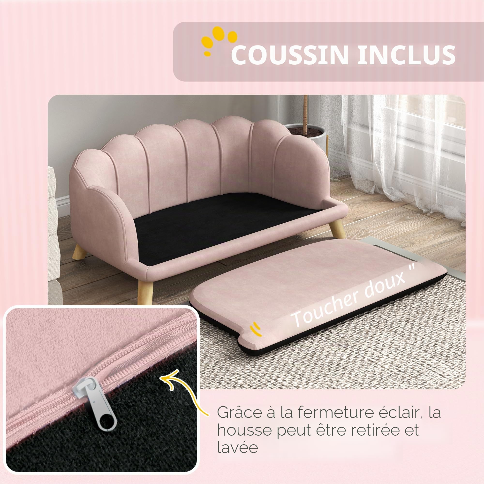 PawHut Canapé pour Chien Housse Lavable avec Dossier et Pieds en Bois, pour Chiens de Taille Moyenne Moins de 25 kg, Rose