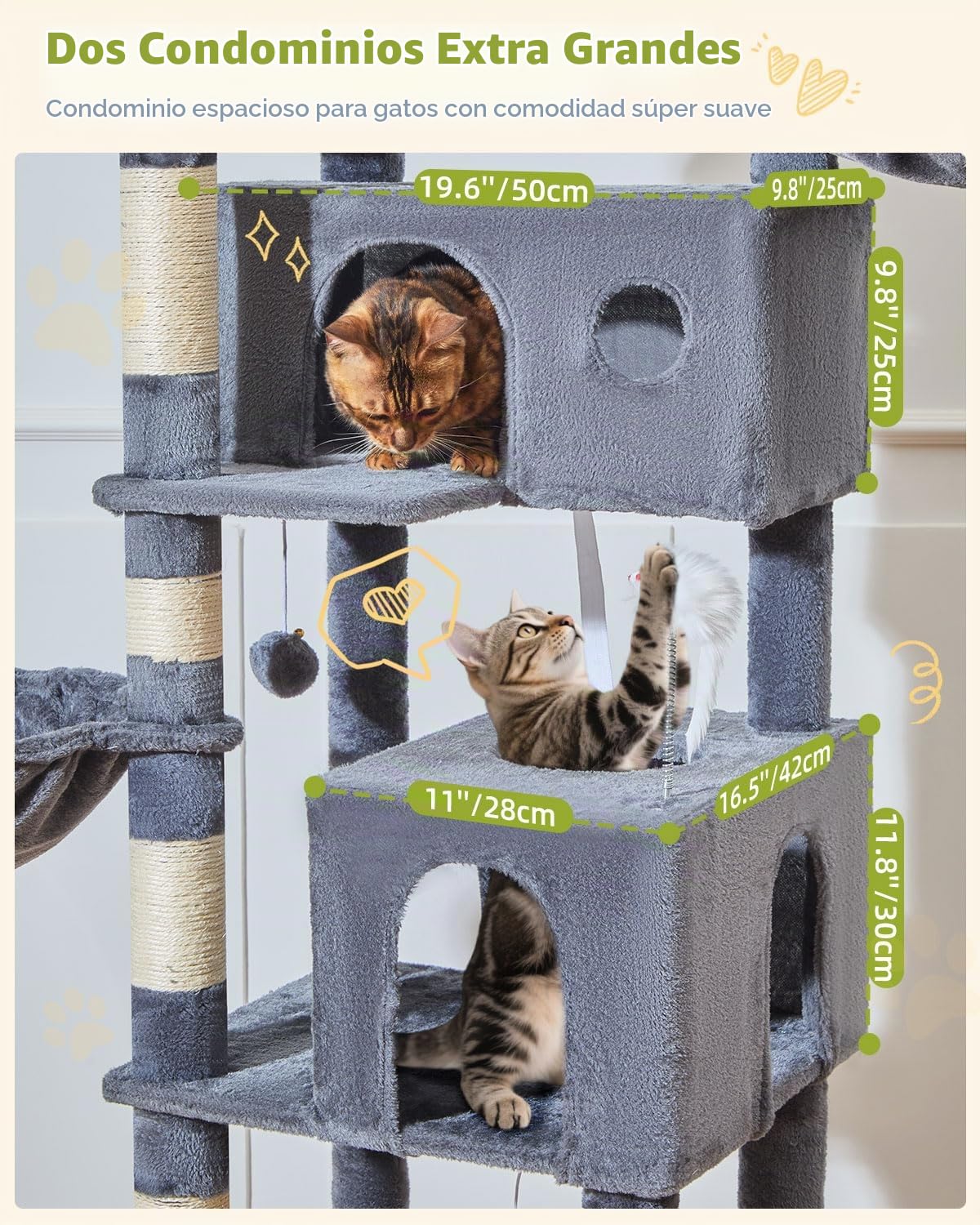 Taoqimiao Árbol para Gatos Grandes 193 cm, Árbol Rascador de Interior con Postes Arañadores, 2 Cabañas, 2 Plataformas, 2 Cestas Colgantes Amplias y Hamaca Suave, MS046G Gris Oscuro