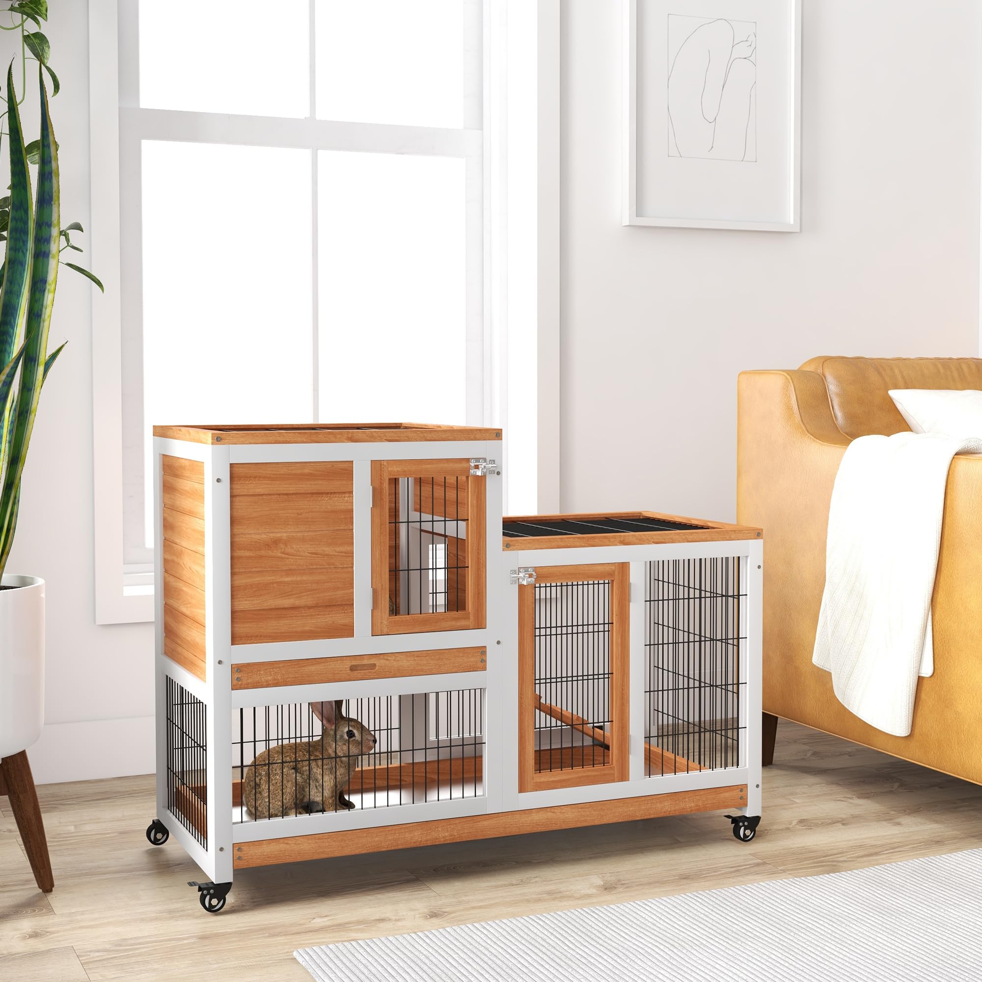PawHut Conejera de Madera de 2 Niveles Jaula para Conejos con Ruedas Puertas Zona Abierta Rampa y 2 Bandejas Extraíbles Conejera para Interior 110x50x88 cm Natural y Blanco