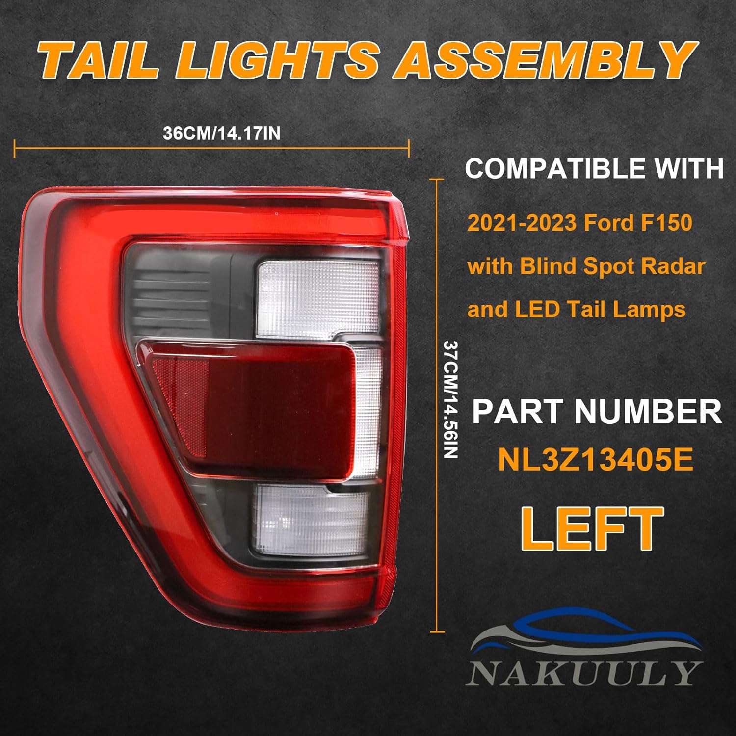 led tail light assembly w/blind spot compatible with 2021 2022 2023 ford f150 f-150 pickup black left driver side taillight rear brake lamp # ?nl3z13405e (module not included) led type with black housing left driver side