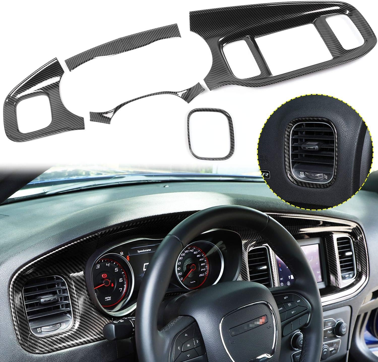 JWWY for Charger Center Consoles Dash Board Dashboard Instrument Gauge Cluster Dash Fascia Trim Panel Garnish Bezel for 2015-2026+ Dodge Charger Interior Accessories, ABS Carbon Fiber 5pcs