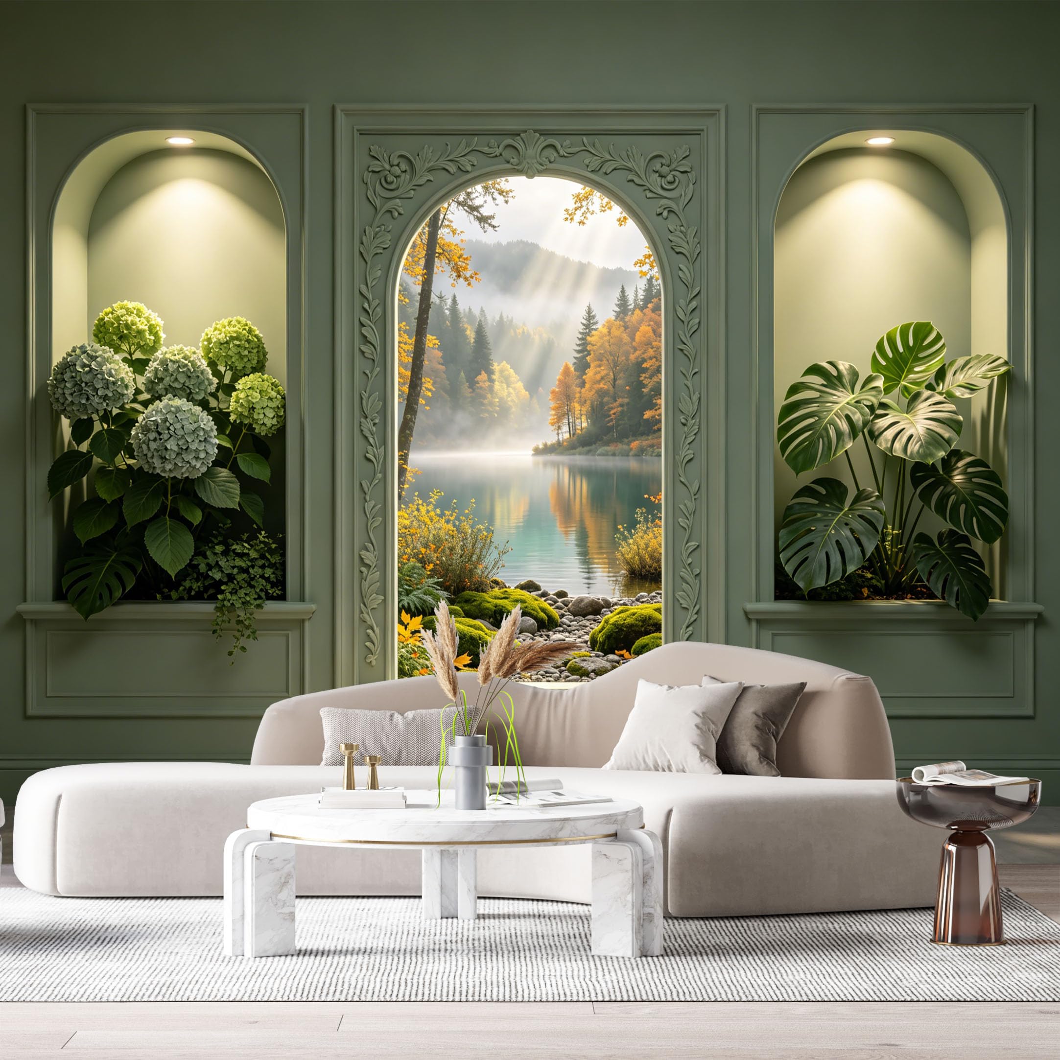 Custom Size Wall Murals Arch Window Forest Lake Botanical Landscape 3D Trompe L'Oeil SelfAdhesive Wall Fabric Removable Large Wallpaper for Photo Living Room