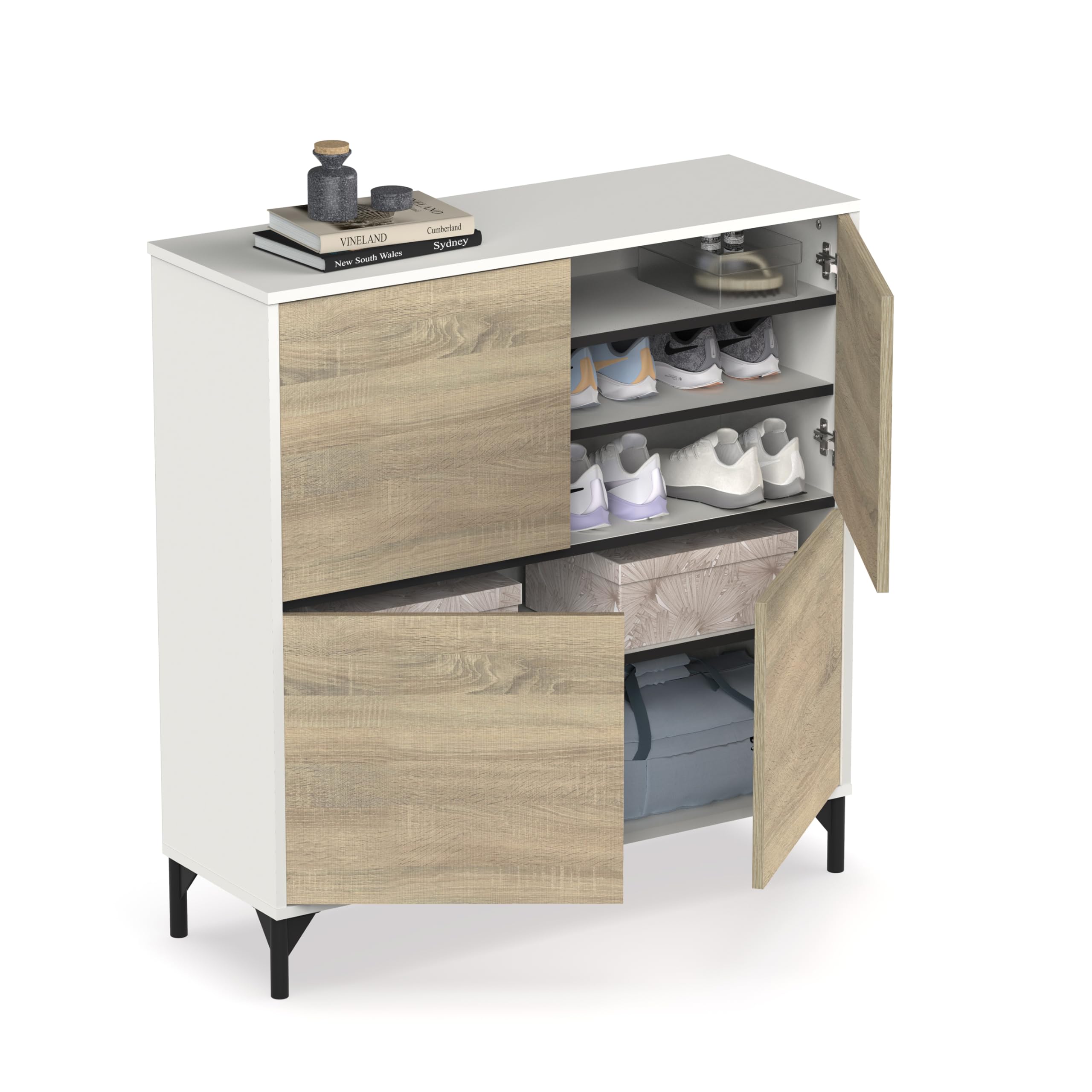 MUEBLES PITARCH | Recibidor Zapatero Mueble Auxiliar para Entrada con Patas, 4 Puertas, Blanco y Roble Cambrian, 20 Pares de Zapatos, Tallas Grandes, 101x96,5x33cm, Moderno, Industrial, Modelo Kioto