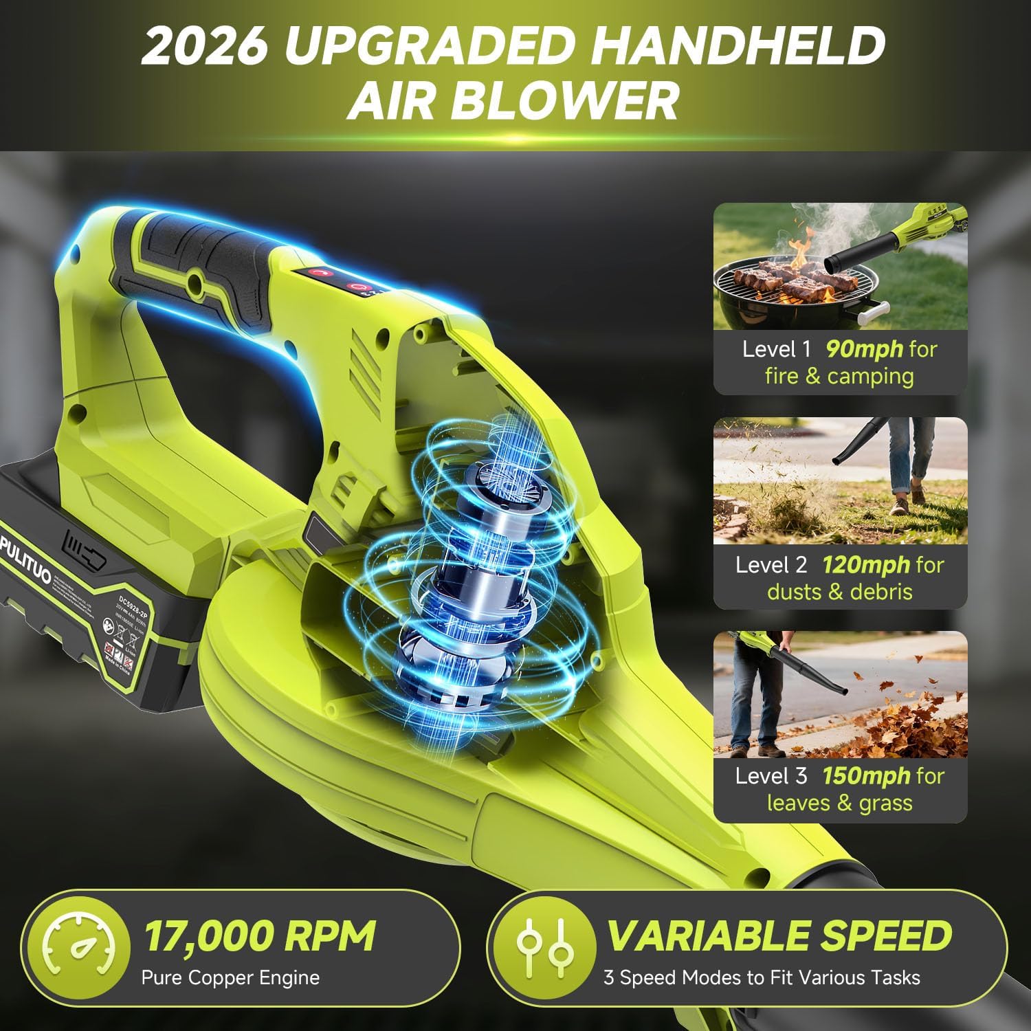 Leaf Blower Cordless with 2X 4.0Ah Batteries and Charger, 150MPH Lightweight Cordless Blower, 3 Speeds Small Battery Operated Leaf Blowers for Lawn Care, Patio, Yard, Leaves, Grass, Dust (Green)