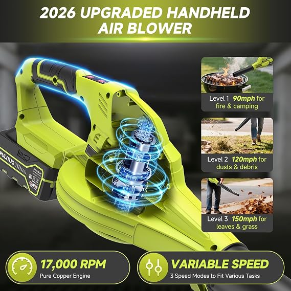 Leaf Blower Cordless with 2X 2.0Ah Batteries and Charger, 150MPH Lightweight Cordless Blower, 3 Speeds Small Electric Leaf Blowers for Lawn Care, Patio, Yard, Leaves, Grass, Dust (Green)