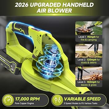 Leaf Blower Cordless with 2X 2.0Ah Batteries and Charger, 150MPH Lightweight Cordless Blower, 3 Speeds Small Electric Leaf Blowers for Lawn Care, Patio, Yard, Leaves, Grass, Dust (Green)
