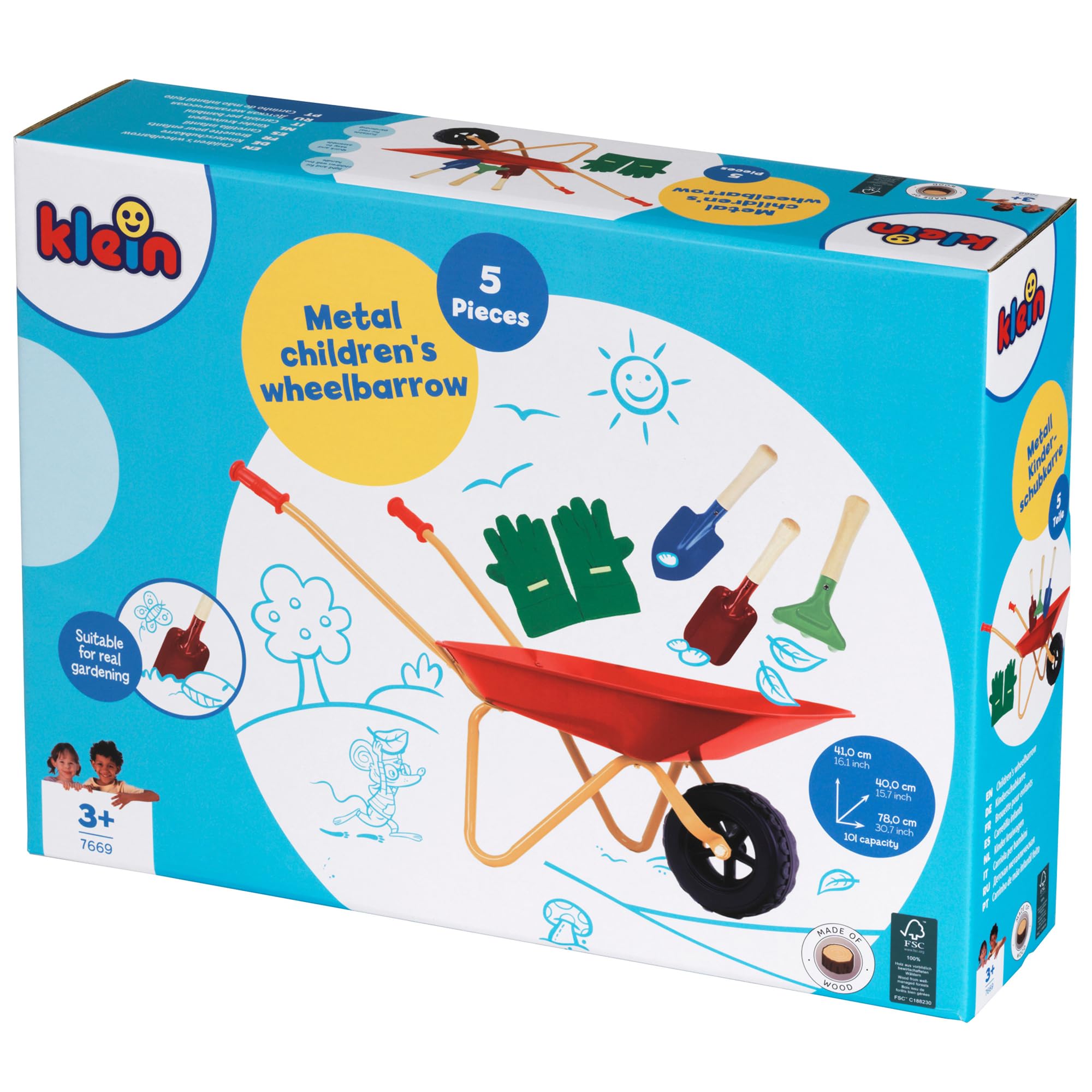 Theo Klein 7669 Carriola per bambini con accessori I In metallo, portata fino a 10 chili I Include robusti attrezzi da gioco di giardino I Giocattoli per bambini dai 3 anni in su
