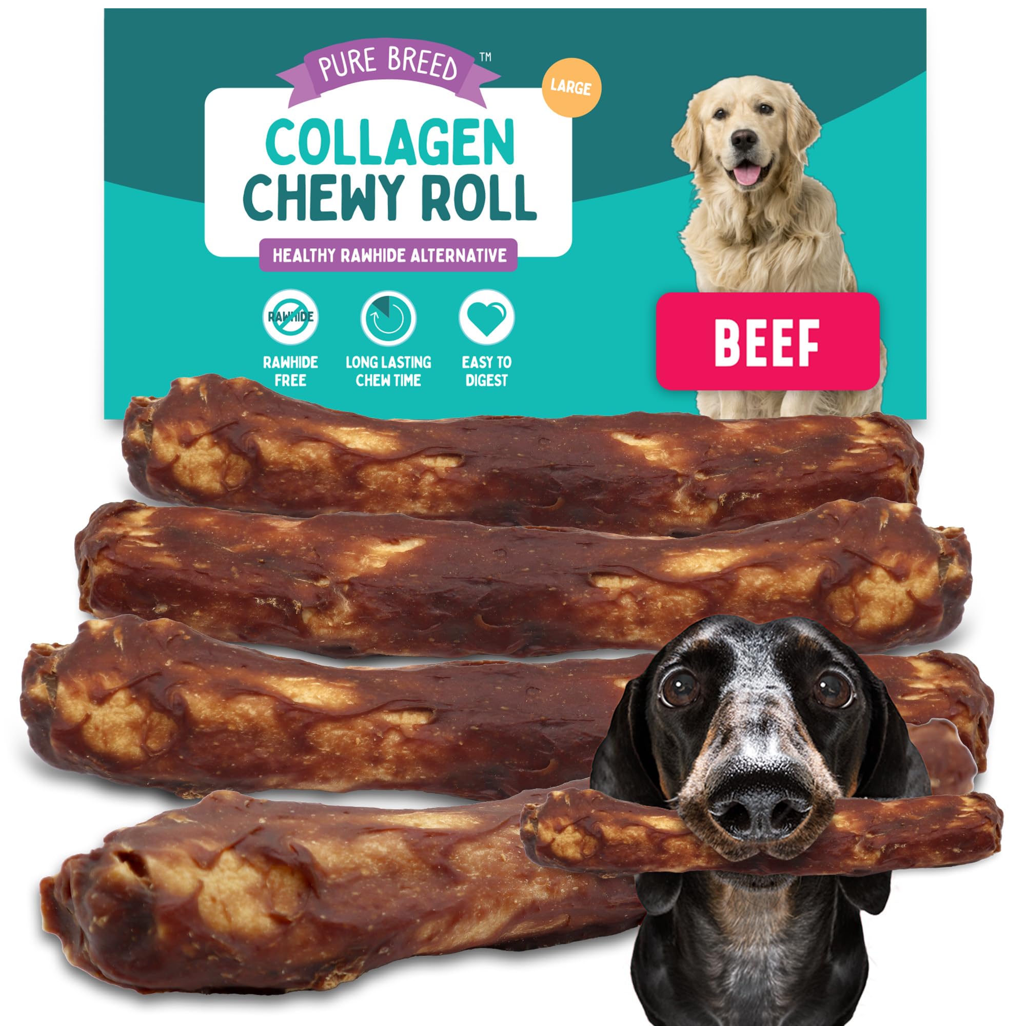 SOL 4pk Large Collagen Chewy Rolls Beef, 25cm Long Lasting Dog Chew Treats, Tasty Chew Bones for Dogs, Rich Beef Flavour Training Rewards, Durable Chew Sticks for Large Breeds, Boredom Breaker