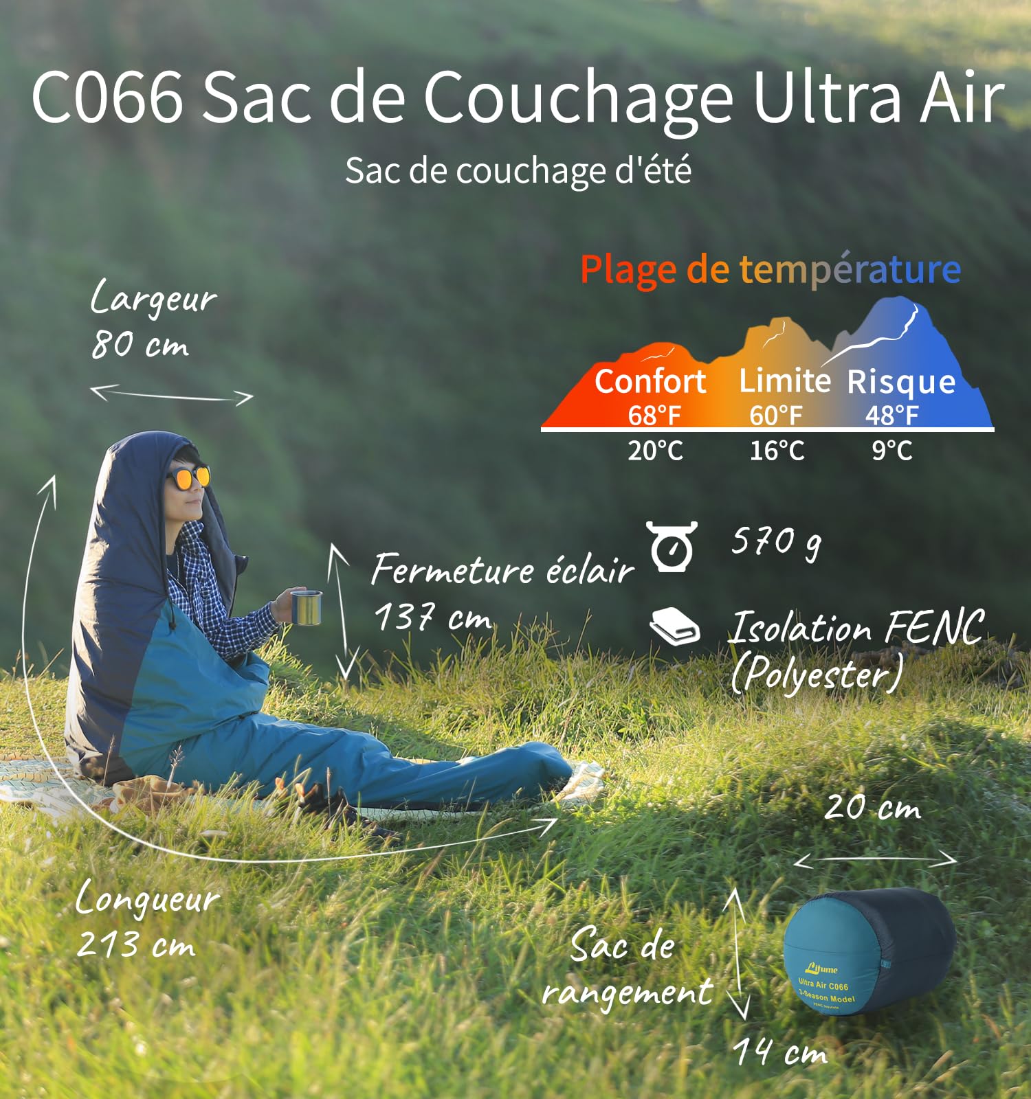 Litume 570g 9-20°C Sac de Couchage léger pour Adultes, Sac de Couchage de randonnée Lété, Sac Momie FENC Isolant Pliable Compact, Ultra-léger et Portable
