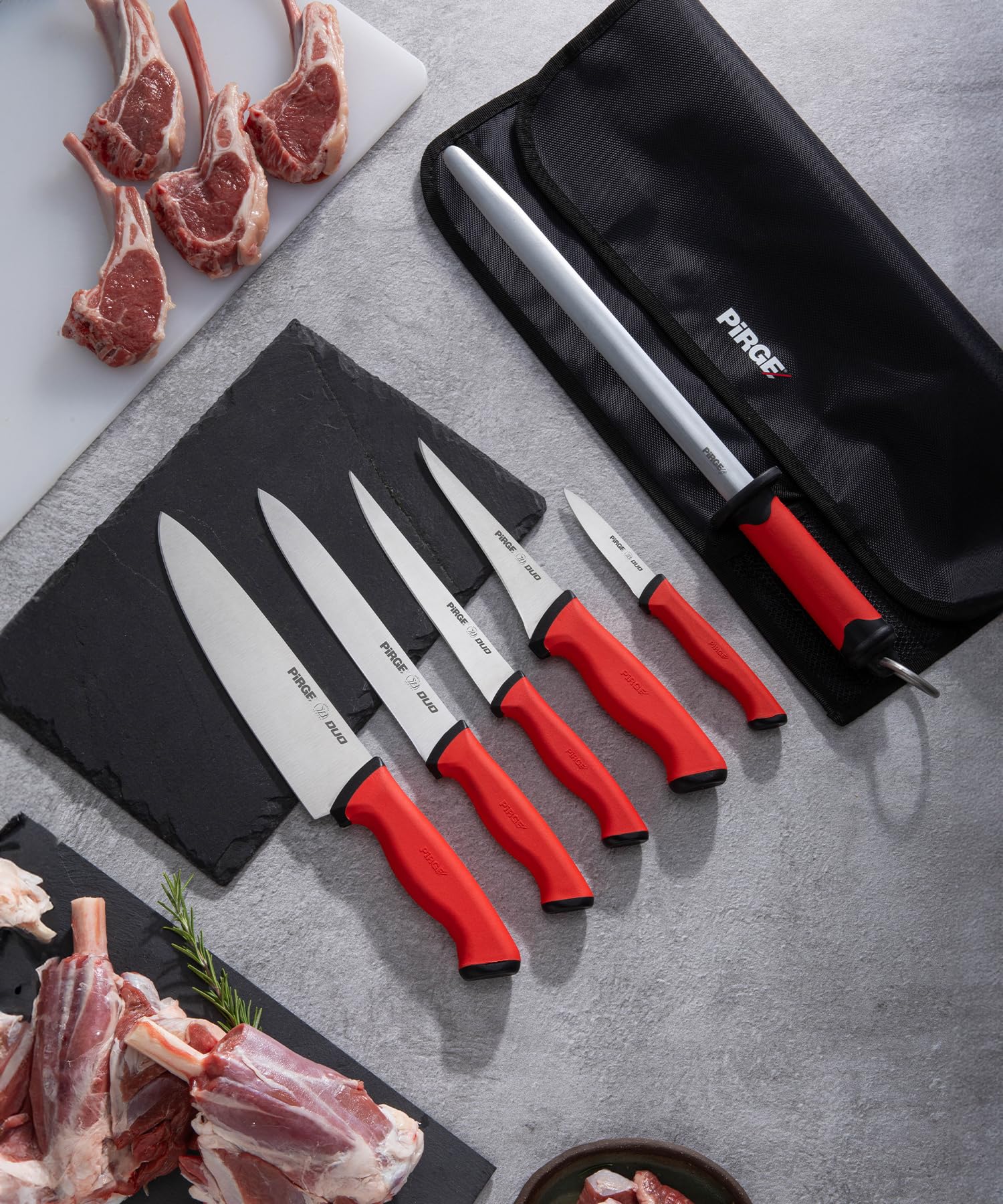 Pirge Duo Profi Messerset mit Tasche 7 Stück - Rutschfester Griff - Profi Kochmesser Set - Edelstahl Profi Küchenmesser Set - Messer Set Scharf für Köche