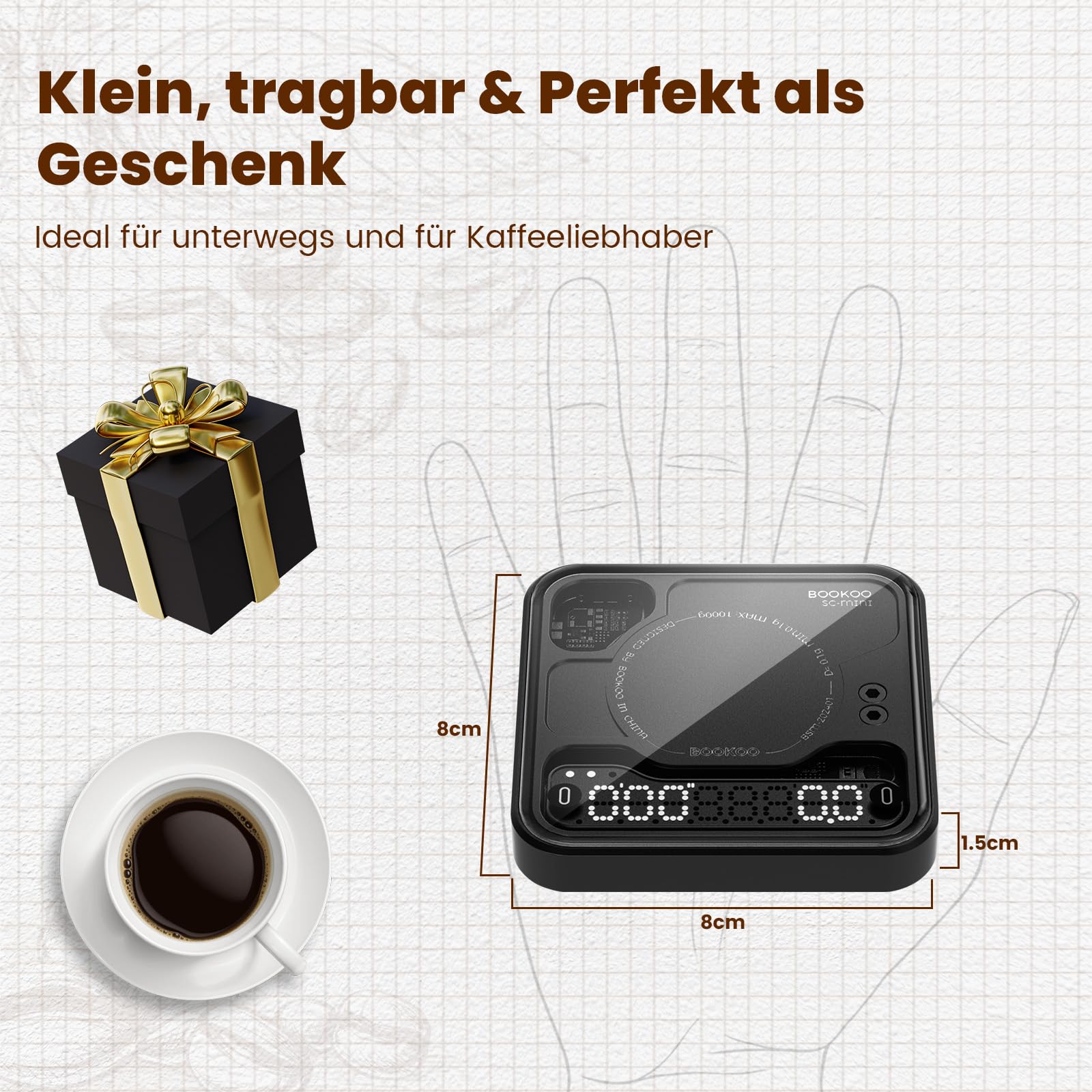 BOOKOO Kaffeewaage mit Timer, 0,1g Hochpräzise wiederaufladbare Espresso Waage mit 3 Mode, Bluetooth-Verbindung APP, USB Mini Präzisionswaage für Espresso und Pour-Over