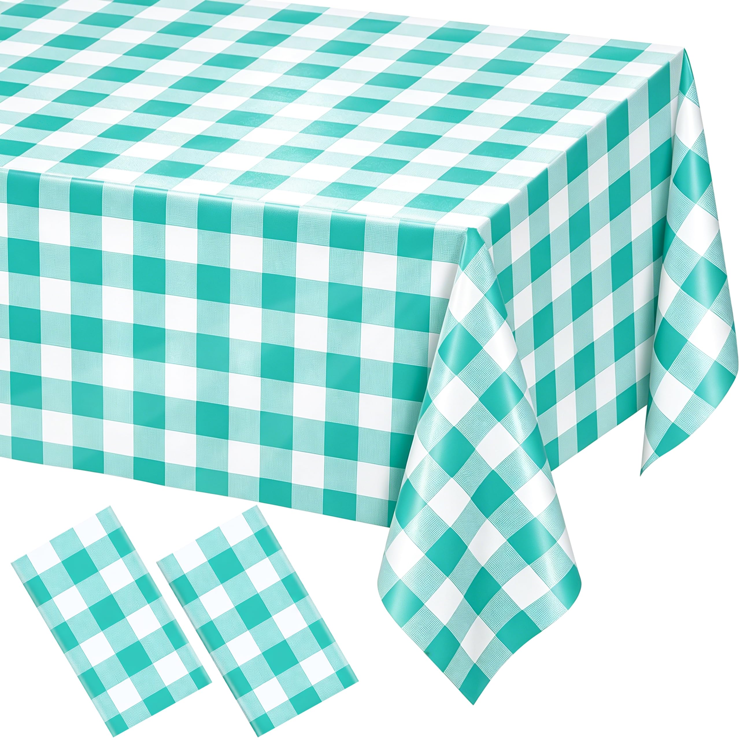 WNINK 2 Pack Mint Green Gingham Tablecloths, 54 x 108 Inch Disposable Waterproof Plastic Table Covers for Rectangle Tables, Picnic, Birthday Party, Baby Shower and Celebration