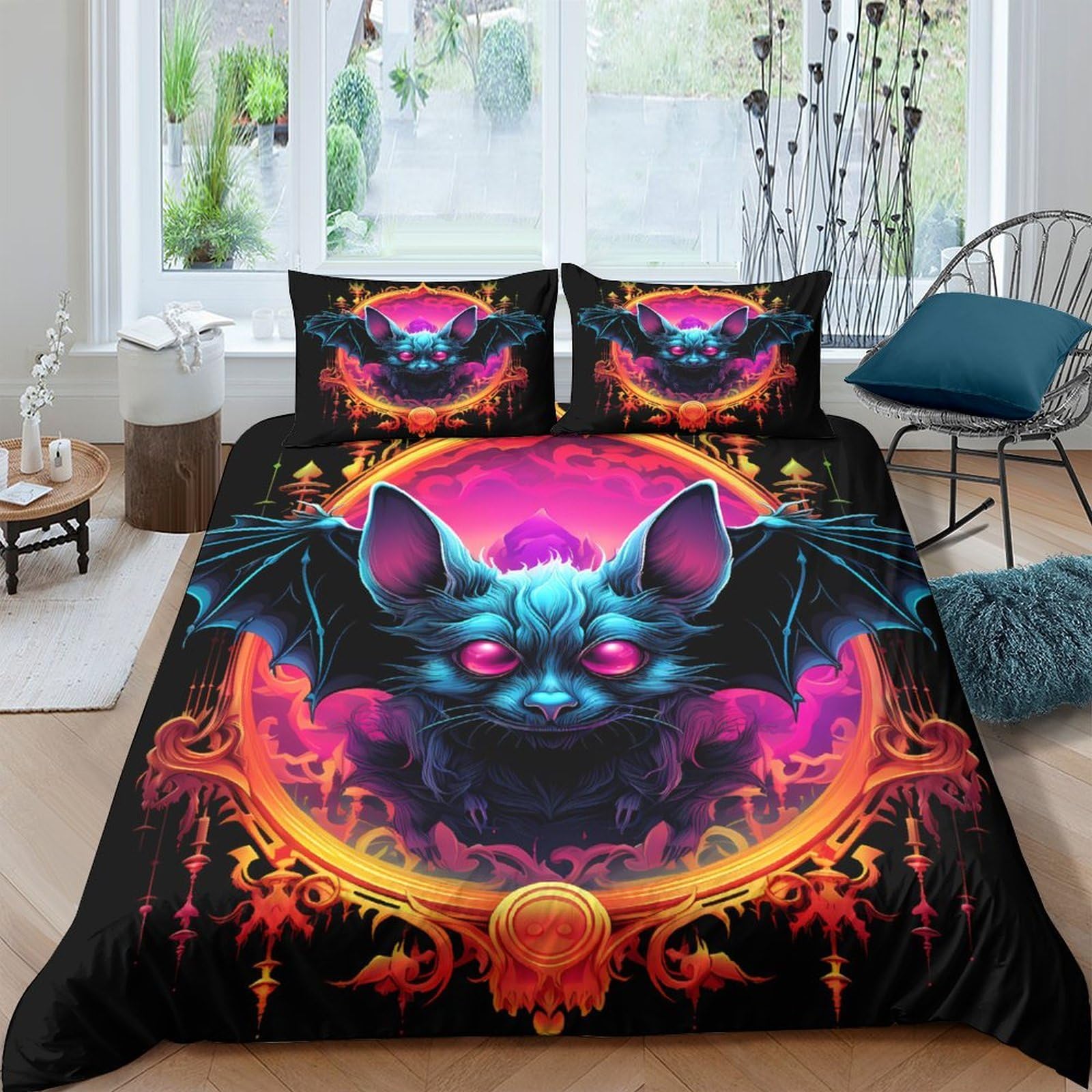 Ctjqhvkz Style-4 3D Printed Neon Bat Fitted Sheet Microfiber Soft Anti-Slip Gothic Skull Mattress Cover For Bedroom Dorm Decor Single（135X200cm）