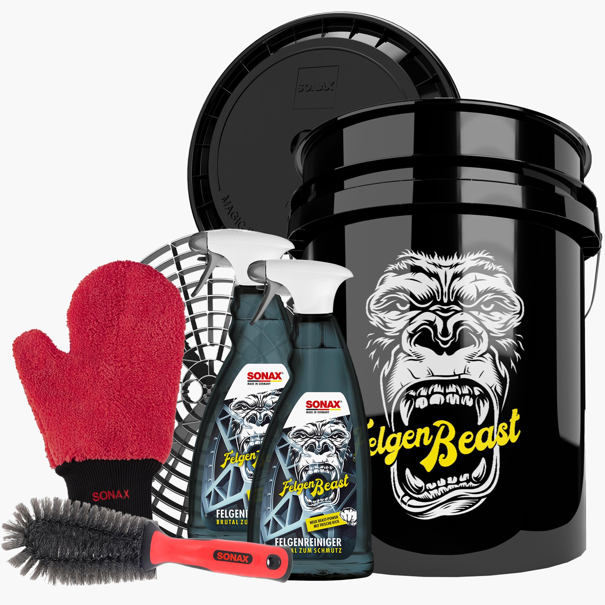 SONAX Juego de limpieza de llantas para coche, cubo de lavado con tapa + cubo Grit Guard, limpiador de llantas SONAX + edición invierno 1 L + cepillo para llantas + guante de lavado