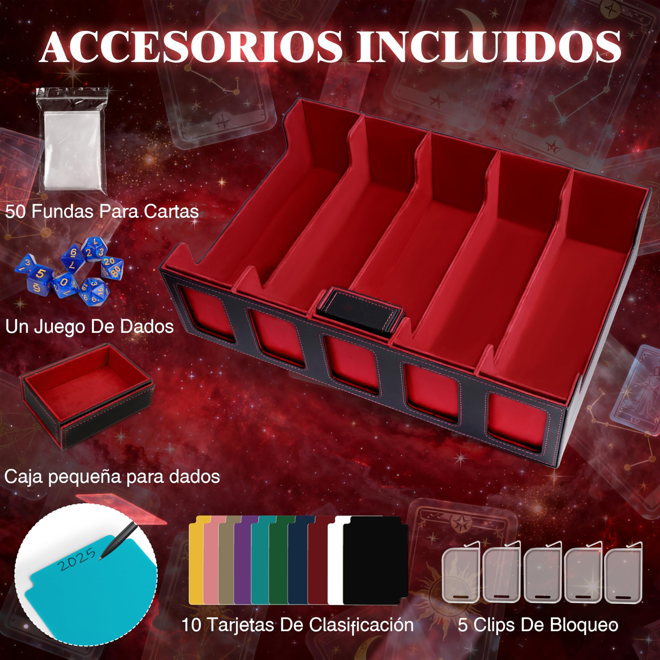 Charmofun Caja Cartas Magic para 2400+ Cards, Deck Box con 10 Divisores de Colores,1 Bandeja, 4 Clips De Cierre, Fundas Cartas, Cajas de Cubierta Magnéticas Premium (Rojo, 3000+)