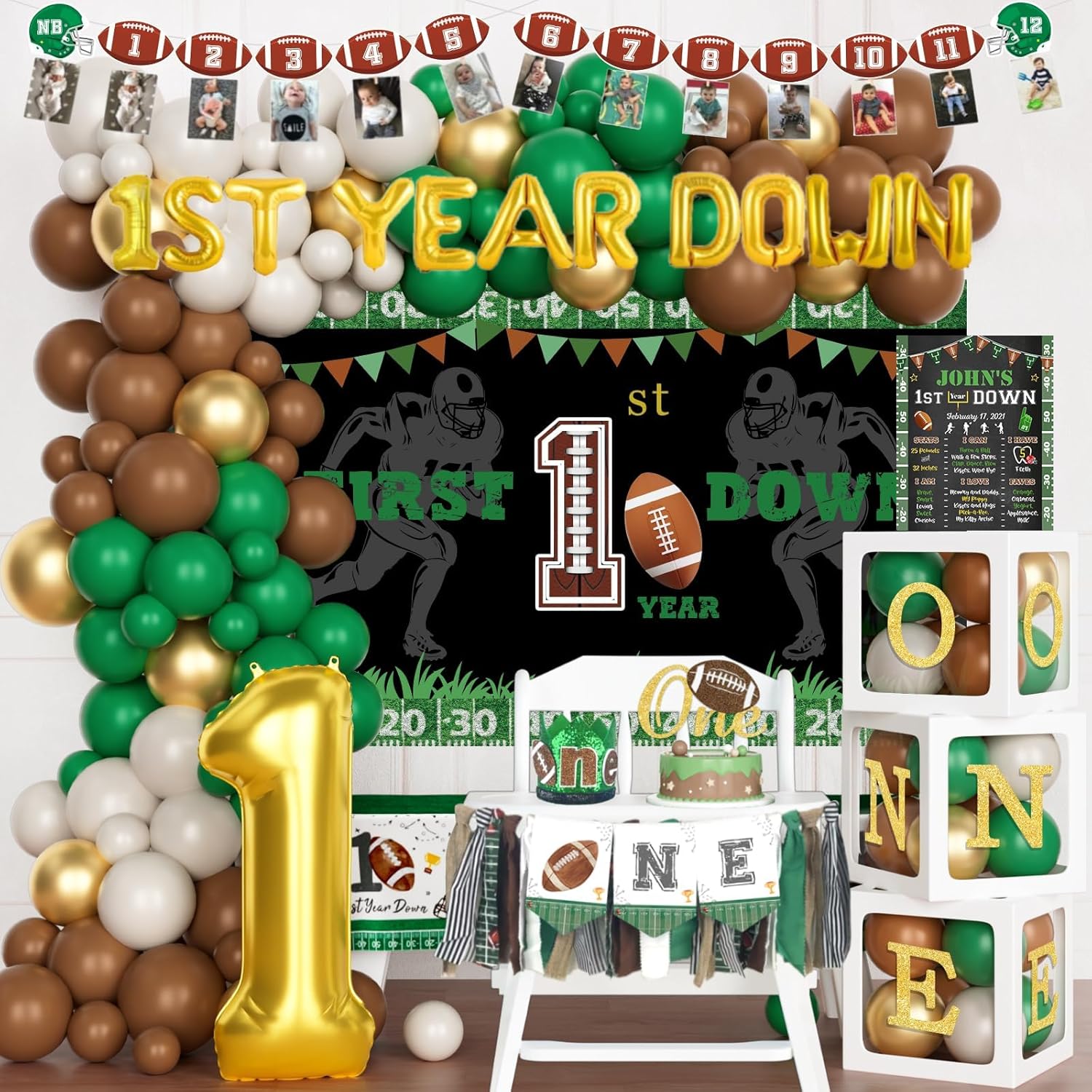 First Year Down Birthday Party Decorations, 1st Birthday Decorations for Boy, Touchdown Themed Backdrop Balloon Banner Boxes Crown for One Year Old Football Birthday Party Supplies