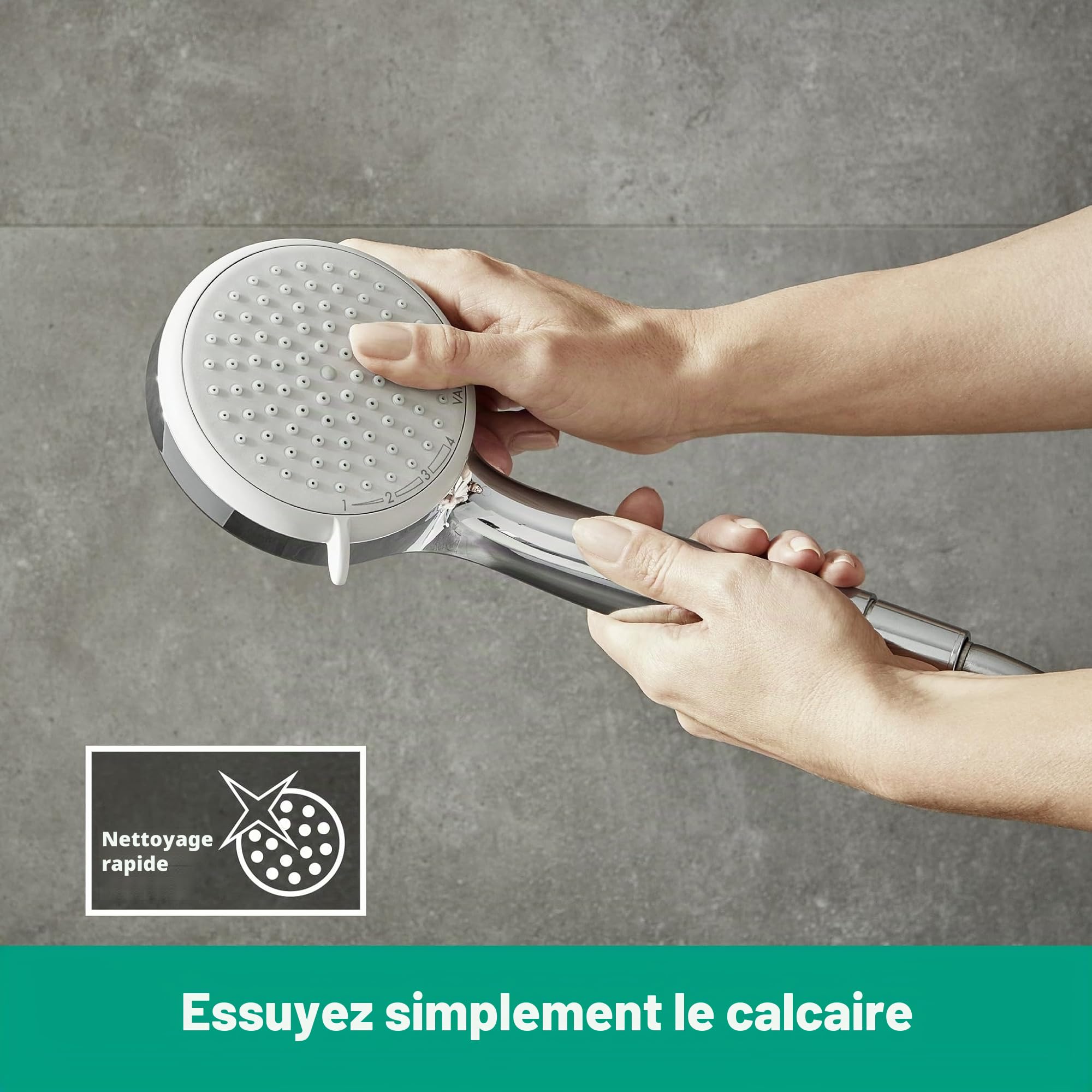 hansgrohe Croma 100 - Pommeau de douche économie d'eau avec 9 l/min (EcoSmart), Douchette à main avec 4 types de jet, Douchette ronde (diamètre 100 mm), Chromé, 28537000