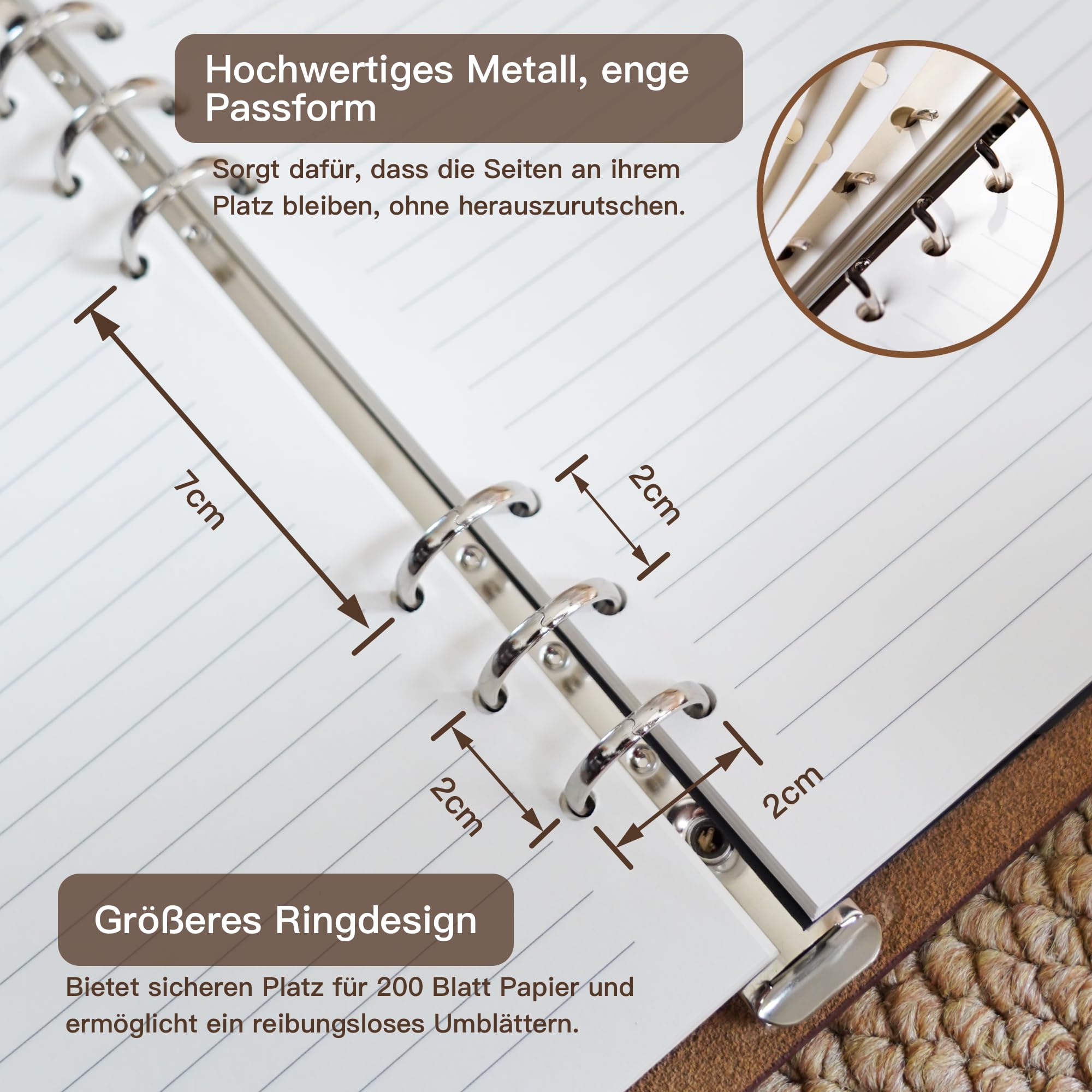 Notizbuch Leder A5, nachfüllbares Tagebuch liniert, Ringbuch A5 Leder mit 6 Ring Metallbinder, Ledereinband Vintage Organizer wiederverwendbar, Leather Journal für Damen und Herren