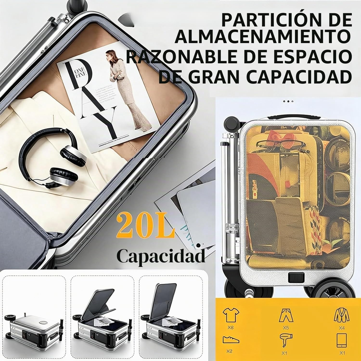 Maleta Inteligente Eléctrica 20'' con Marco de Aleación de Aluminio, Batería Segura 93,6 WH,Cerradura con Contraseña,Puerto de Carga Externo,Diseño Ligero e Impermeable Silver-with2battery