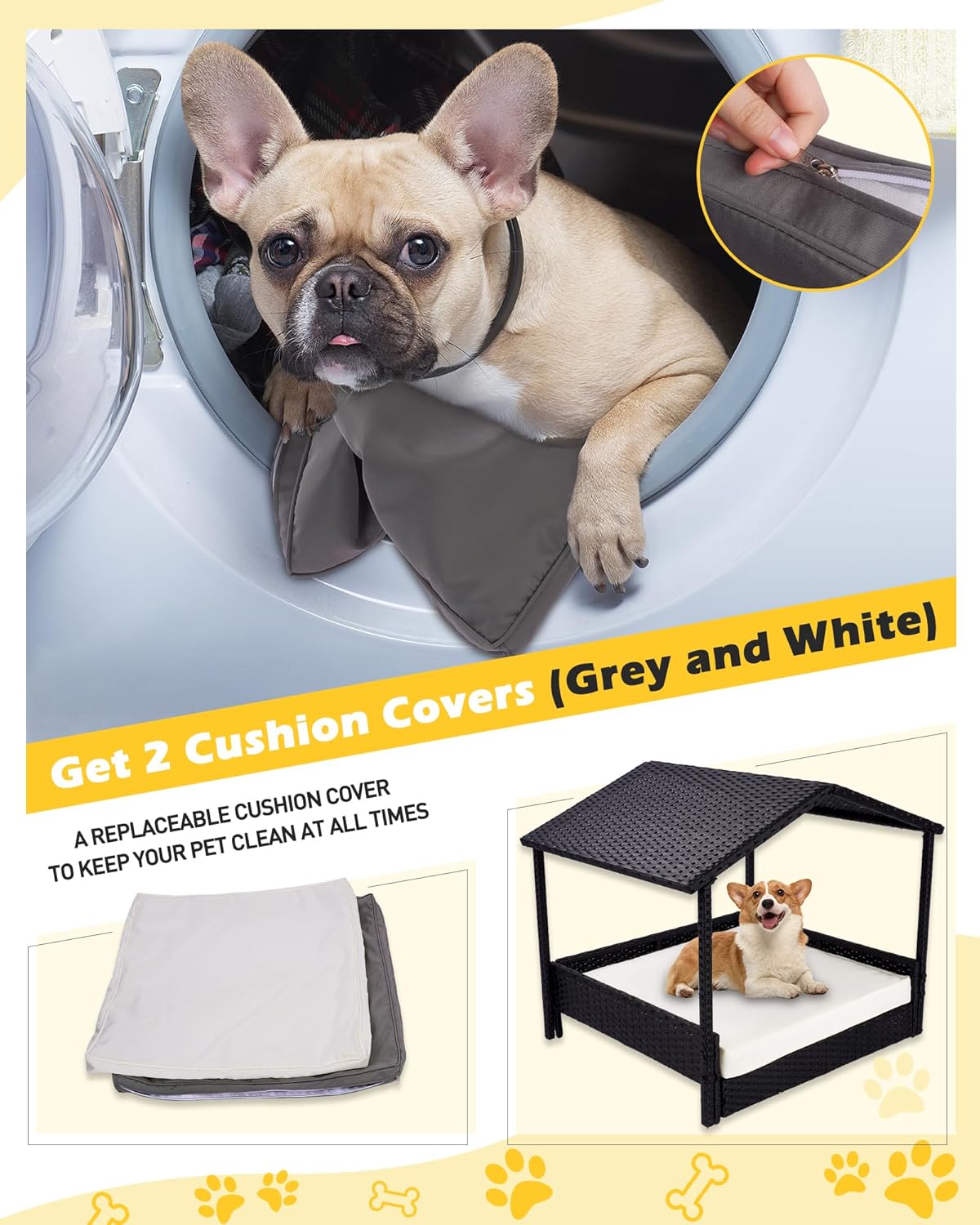 Outdoor Dog House- 2 in 1 Wicker Dog House with Canopy- Rattan Dog Bed Removable Cushion &2 Covers- Rattan Puppy Shelter w/Elevated Floor for Small Medium Dogs (Grey +White Cover)