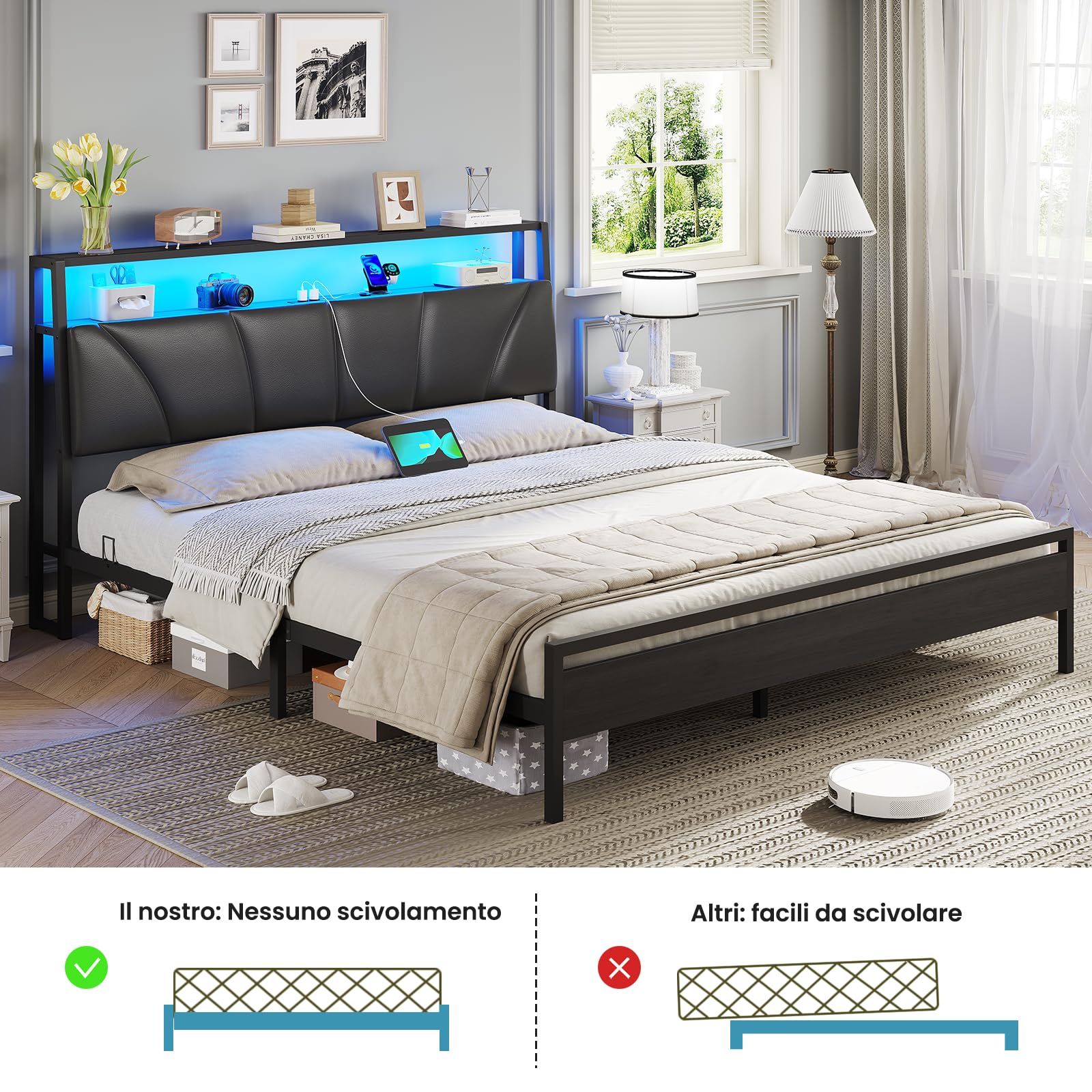 Brinlawb Letto Imbottito 160x200 cm, Struttura letto con Luce LED e Stazione di Ricarica (2 Prese CA 2 Porte USB) Letto Matrimoniale con testiera e pediera, Facile da montare, Moderno, Nero