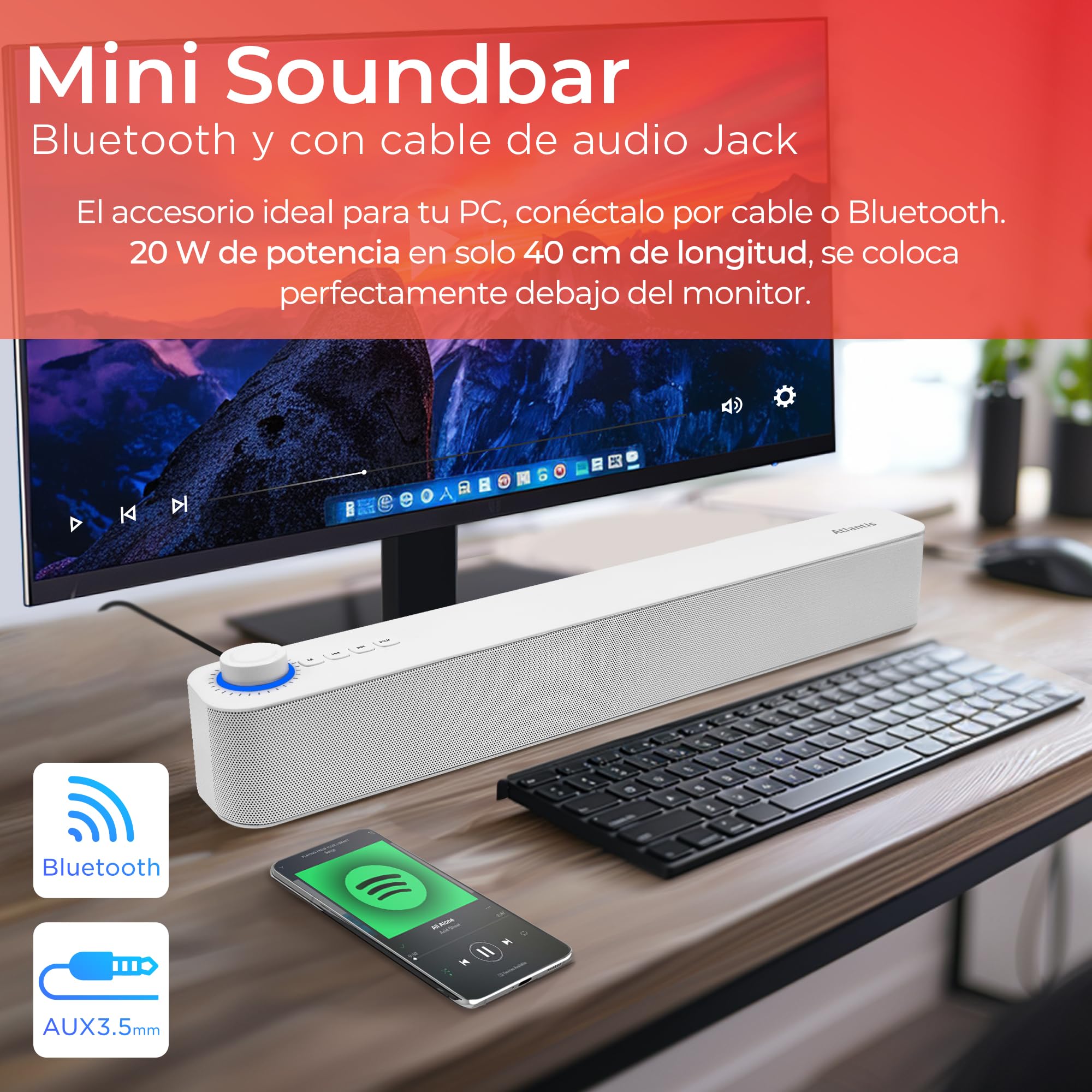 Atlantis Soundbar 20 W, Conector Jack 3,5 mm + Bluetooth 5.3, batería 2400 mAh, Radio FM, Altavoz para PC, portátil, TV, Smartphone. Dimensiones: 420 x 60 x 74 mm. Color: Blanco. P003-C0820-B