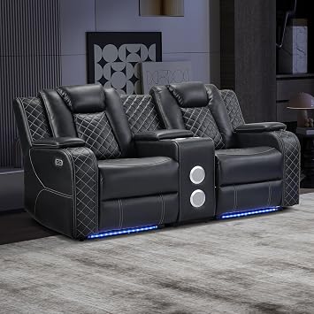 CANMOV Home Theater Seating Seats, Power Loveseat Recliner Sofa with Center Console, Game Movie Reclining Couch with Ambient Lighting, Cup Holder, USB Ports, Bluetooth Speakers for Living Room, Black