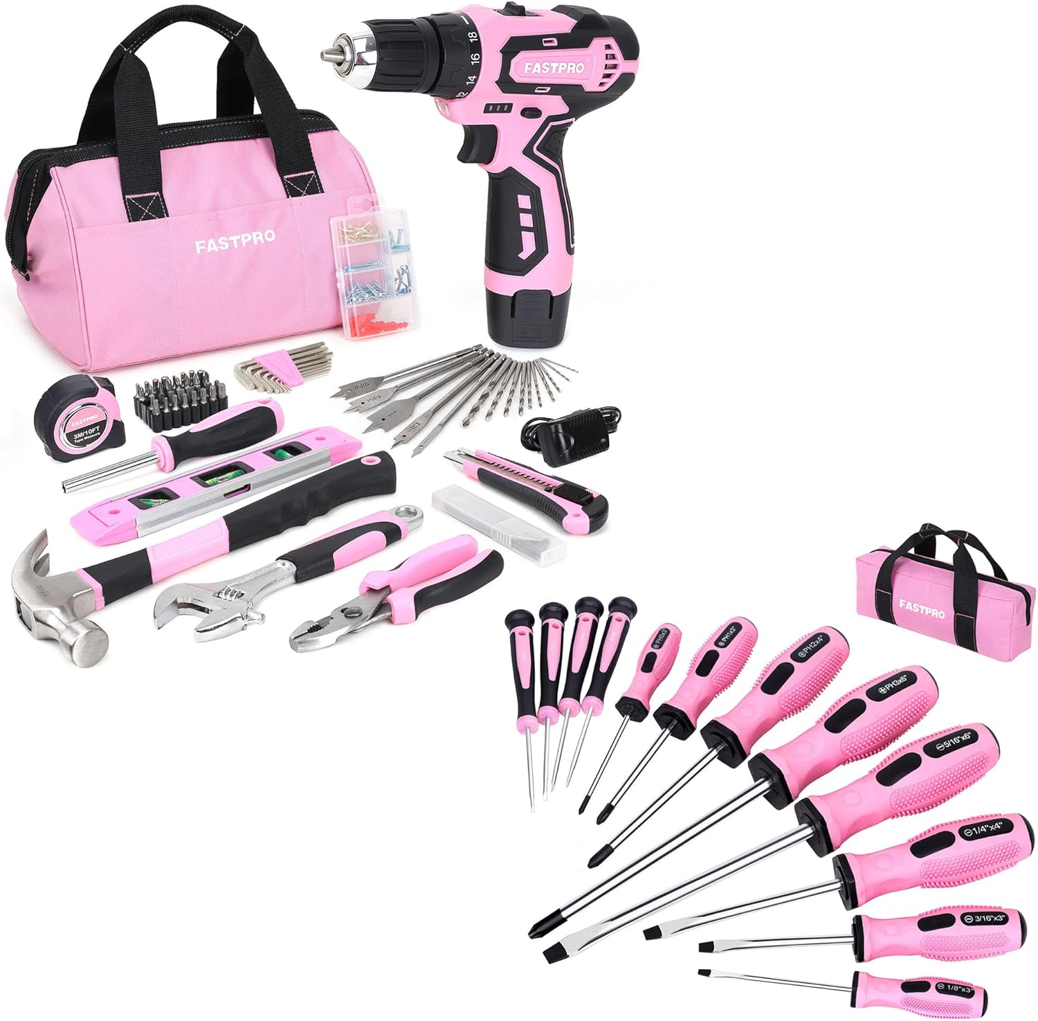 FASTPRO 175-Piece 12V Pink Drill Set & 12-Piece Pink Magnetic Screwdrivers Set