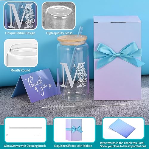 Miniatura 2 de MAFYE Vasos de vidrio con inicial con tapas y pajitas, regalos con monograma para mujeres, vaso de vidrio de cerveza de 16 onzas, taza de café