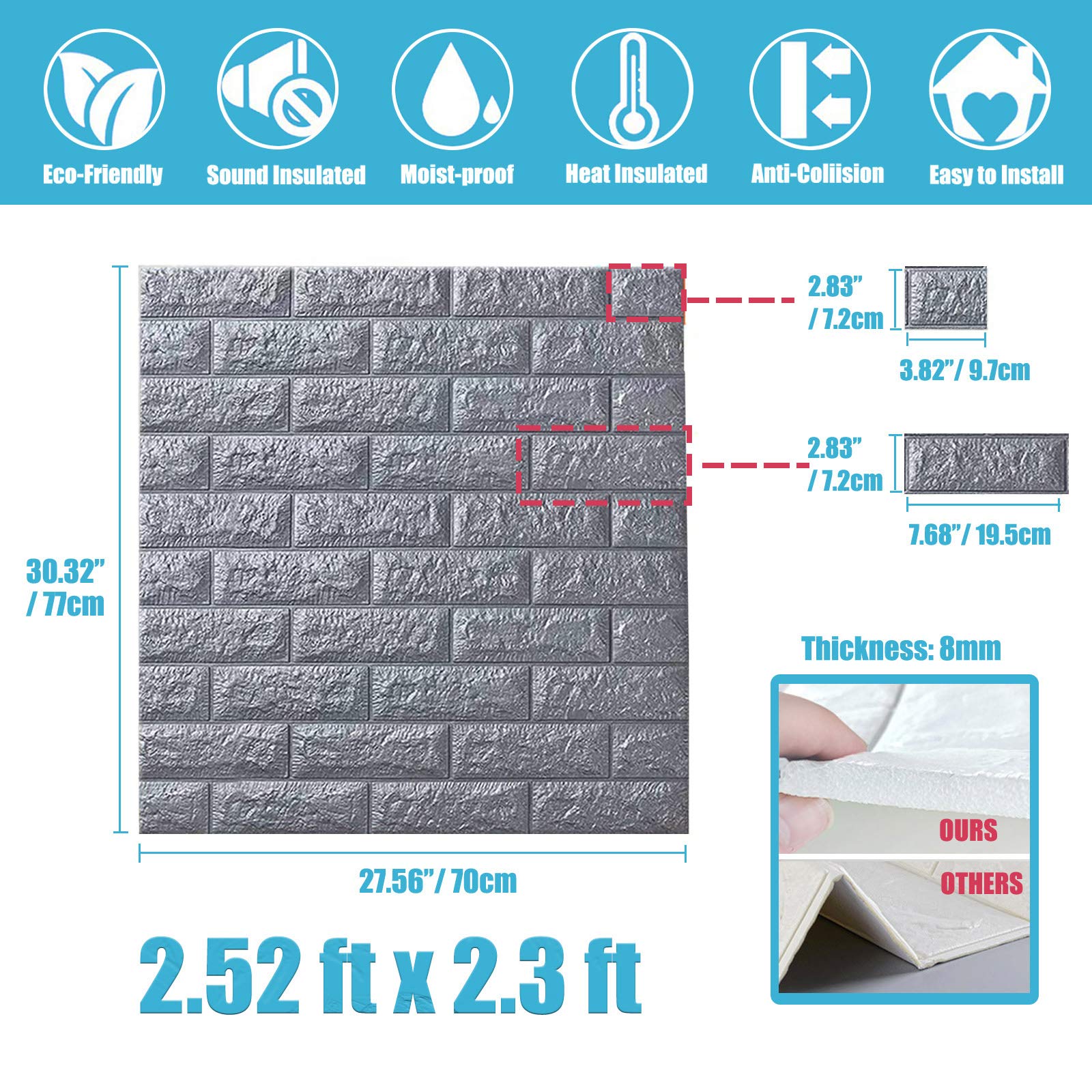 Wasait White/Silver Grey Faux Brick 3D Wall Panels Peel and Stick Wall