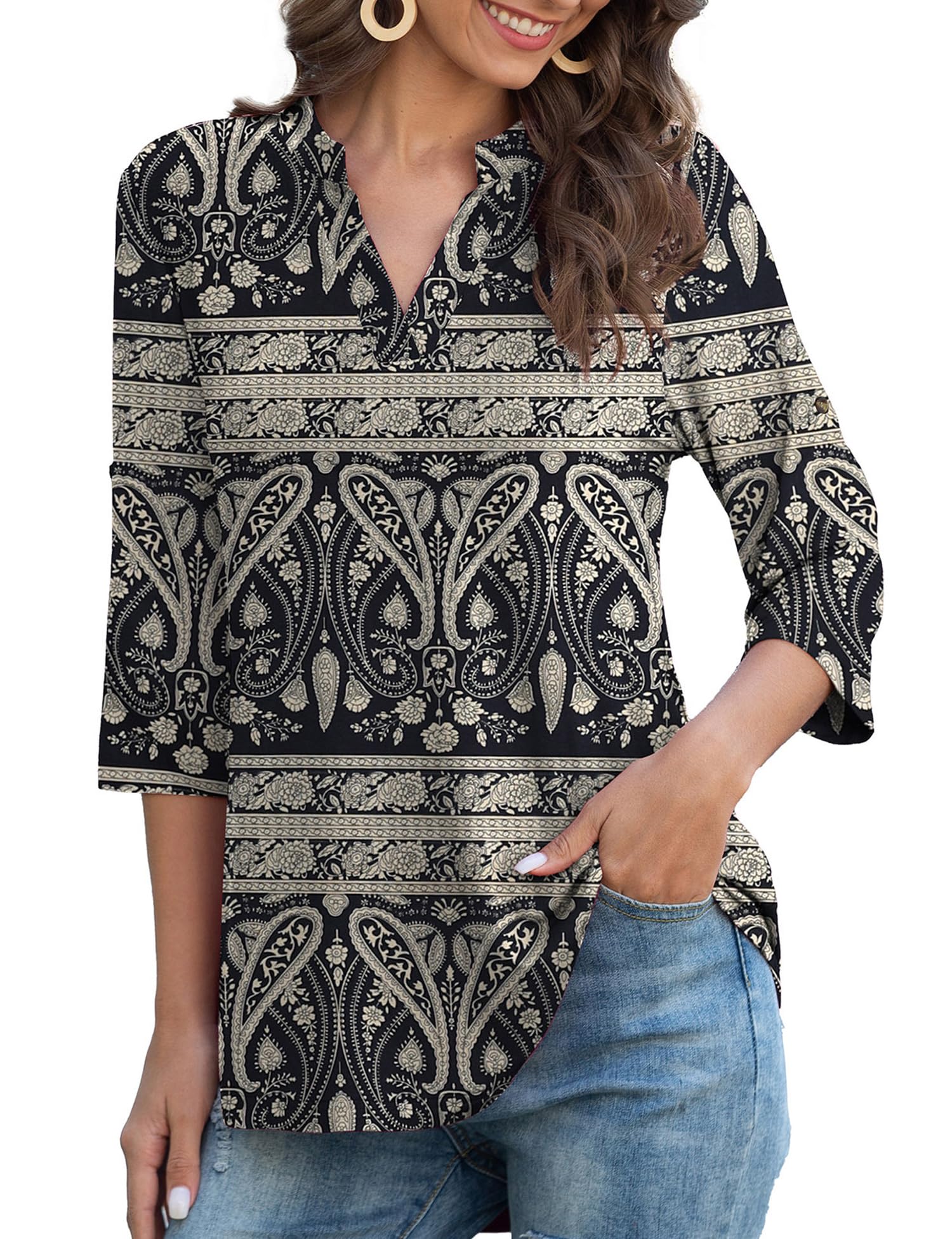 Heersan Blusa Mujer Camisas 3/4 con Cuello en V Verano Elegante y Cómoda Top T-Shirt Casual de Mujer Colores Sólidos/Estampadas T Shirt para Mujeres S-2XL