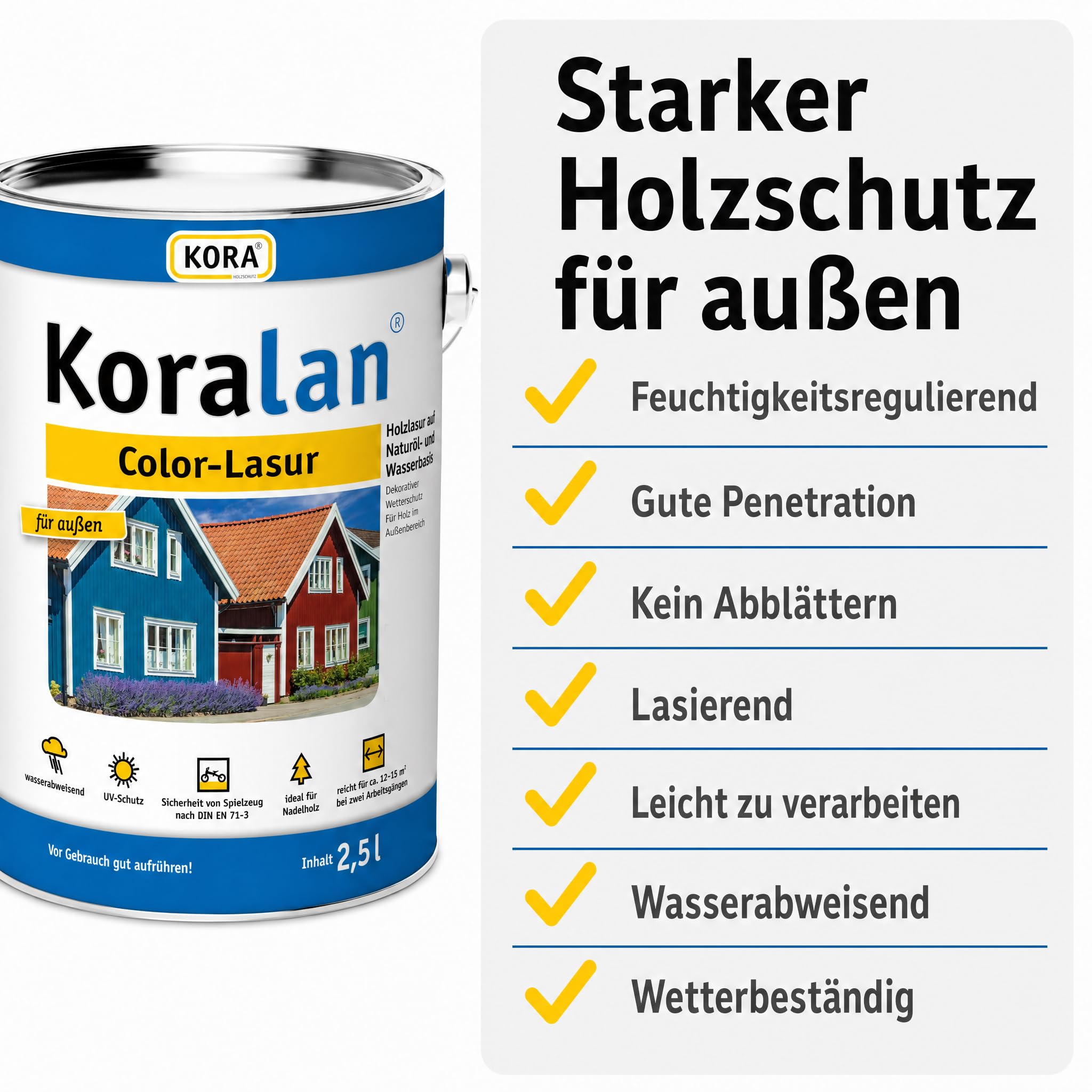 KORA® Koralan® Color-Lasur für Holz im Außenbereich, wetterfeste Holzlasur auf Naturöl- und Wasserbasis, schützt vor Witterungseinflüssen, ideal für Holz im Garten (Schwedenrot, 2,5 Liter)
