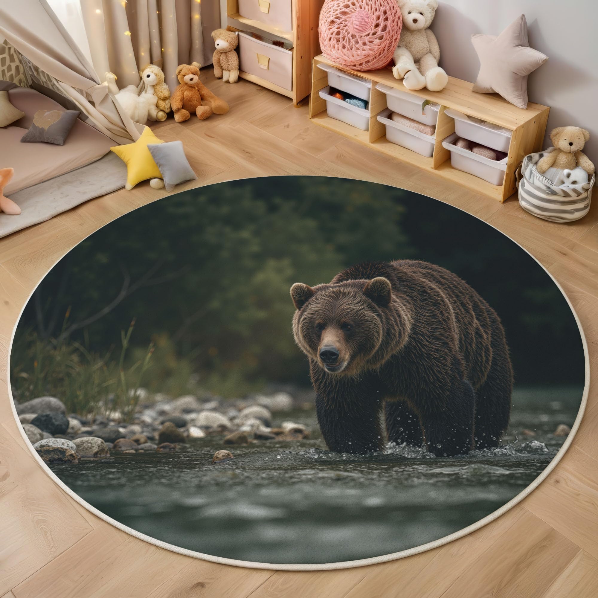Tapis de sol imprimé ours brun antidérapant et doux pour chambre