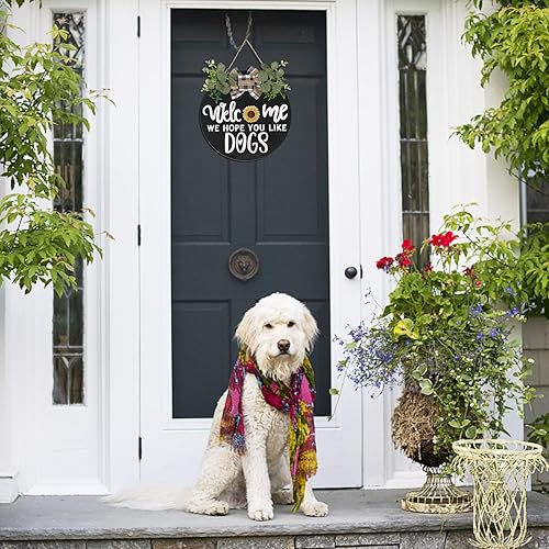 Miniatura 7 de Letrero de bienvenida de madera intercambiable de temporada, letrero redondo rústico de perros para puerta delantera, coronas para decoración de