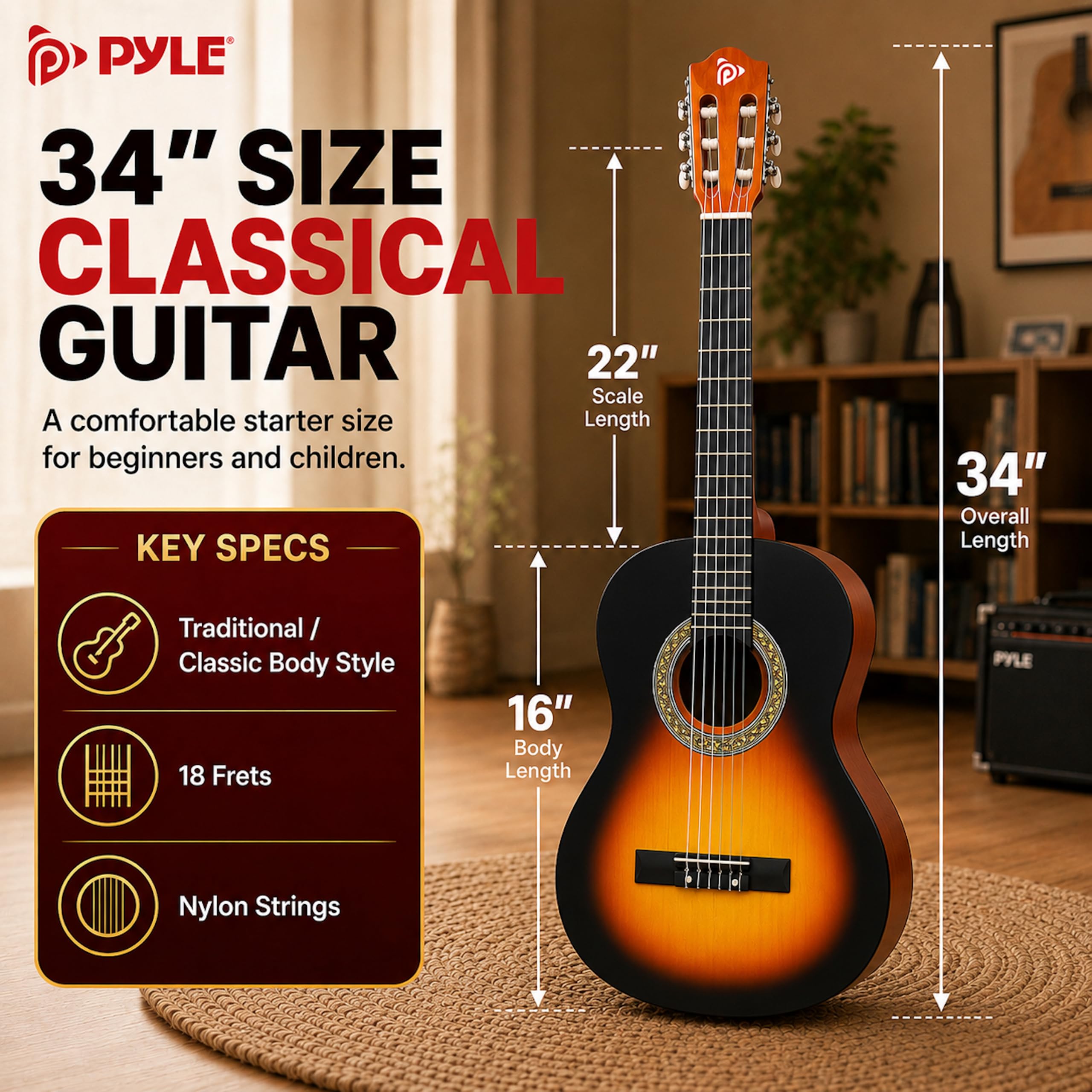 Pyle Zestaw Gitary Akustycznej Dla Początkujących, Instrument Drewniany Junior 1/2, 34" Sunburst Teardrop Matowy