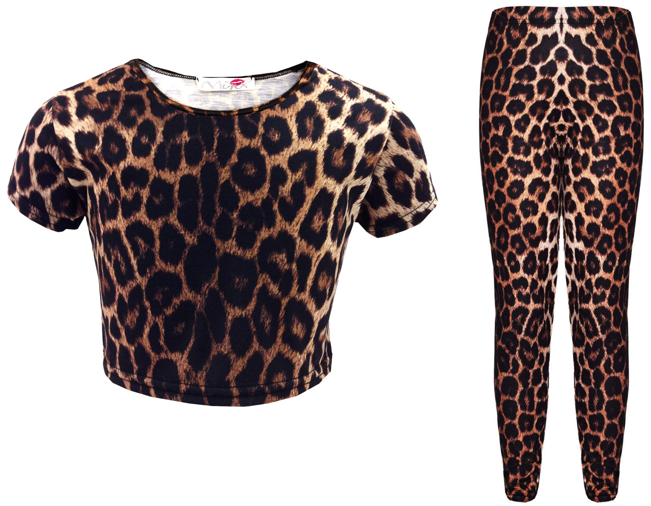 AelstoresGirls Crop Top and Leggings Set Leopard Print Outfit Short Sleeve T-Shirt Tee Age 5-13 Years
