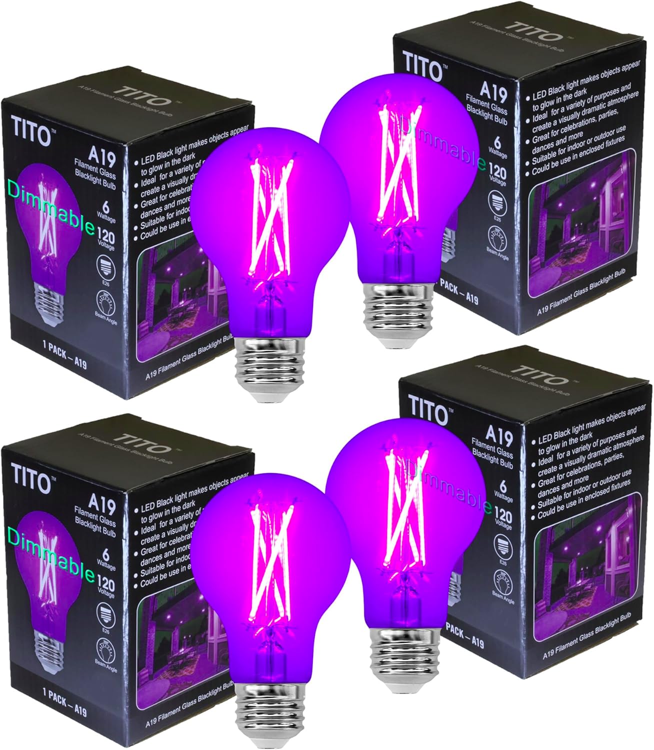 TITO 4 Pack E26 A19 Dimmable Filament LED Black Light Bulbs, UVA 395nm 6W Blacklight Bulb 100W Equivalent, Black Light Bulb Glow in Dark Halloween Christmas Party Fluorescent Posters Decor Display