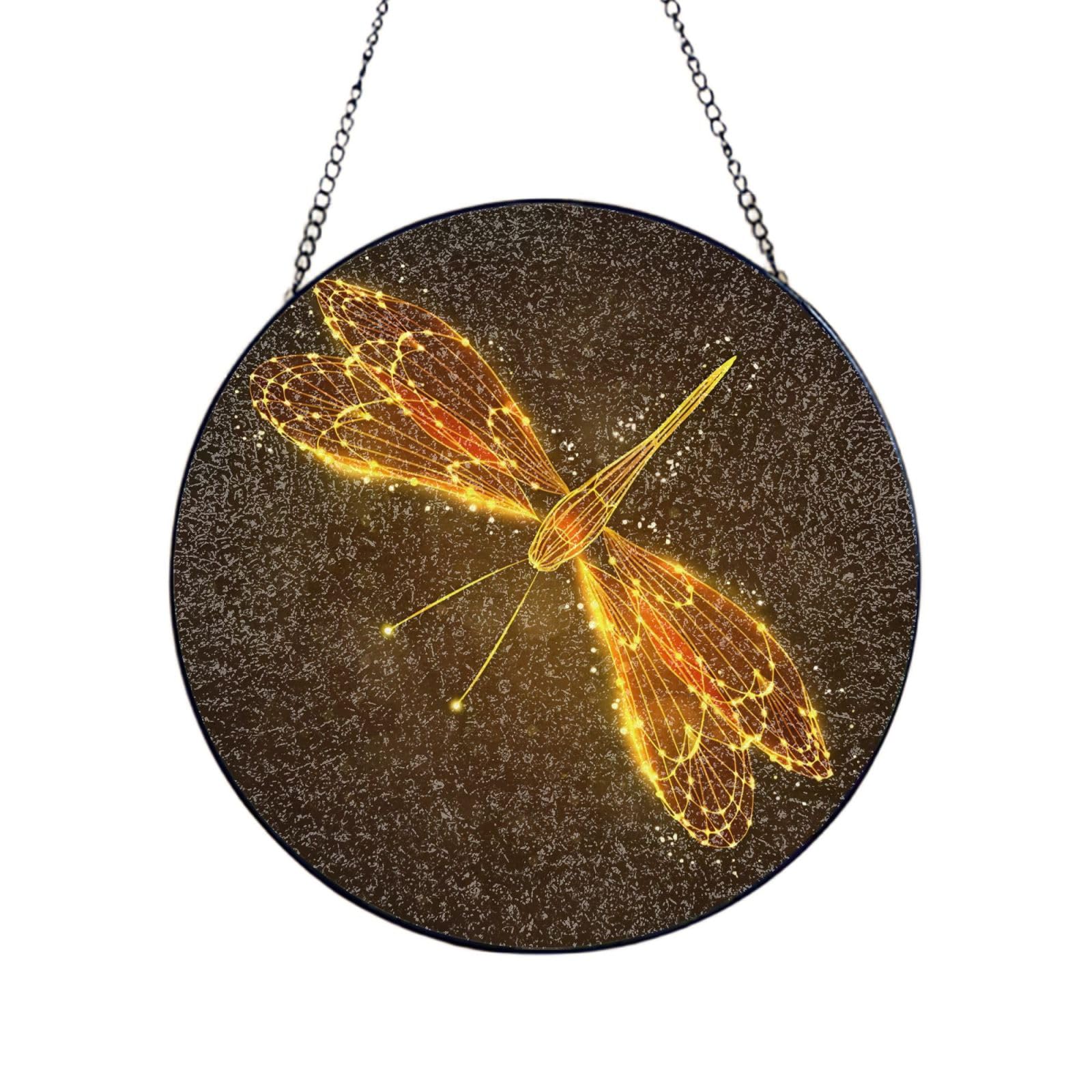 Phayah Abstract Yellow Dragonfly Print Glass Window Hanging Round Suncatcher Glass Ornament Garden Wall Fence Decorations Indoor Outdoor 10in（25cm）