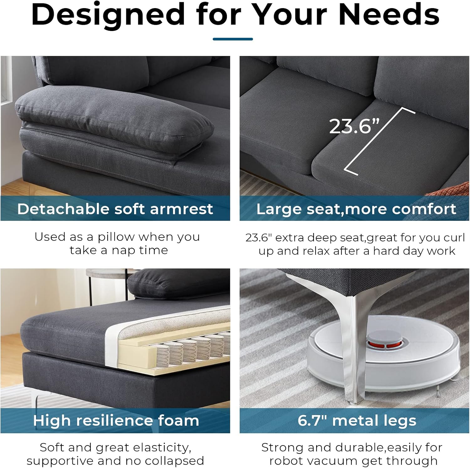 VINGLI U Shaped Sectional Sofa,114" Large Sectional Sofa Couch for Living Room,Linen Sectional Sofa with Double Lounge Chaise,Grey