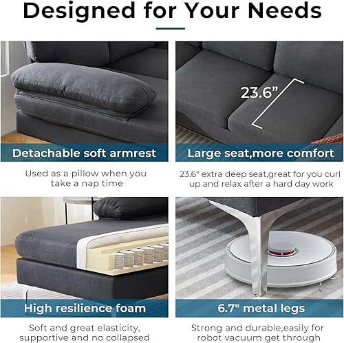 Miniatura 5 de VINGLI Sofá modular en forma de U sofá modular grande de 114 pulgadas para sala de estar sofá modular de lino con tumbona doble gris