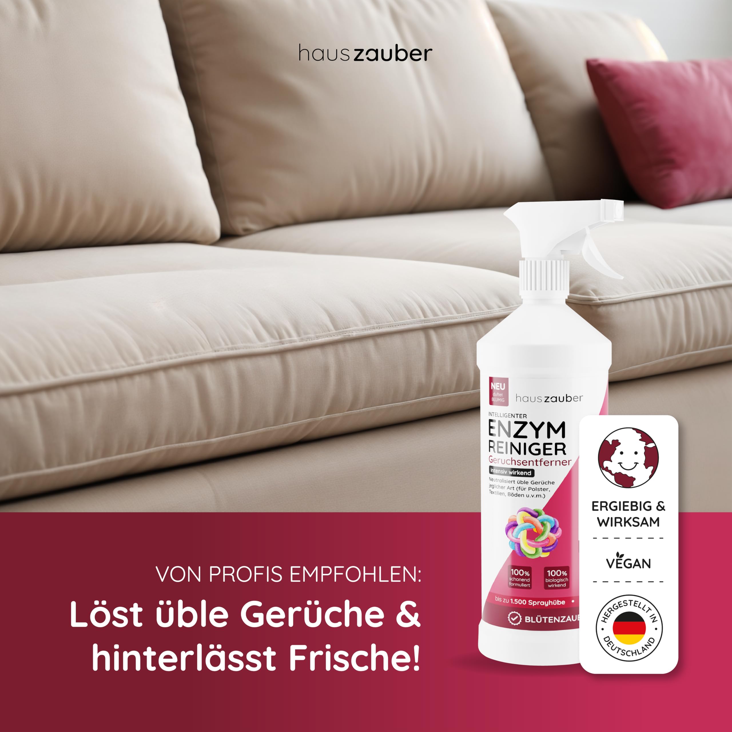 hauszauber - Enzymreiniger [STARKER GERUCHSENTFERNER] 1000 ml - Gegen Katzenurin, Nikotin, Tiergerüche etc. - Schlechte Gerüche aus Auto & Teppich entfernen - Geruchsentferner - Blütenzauber
