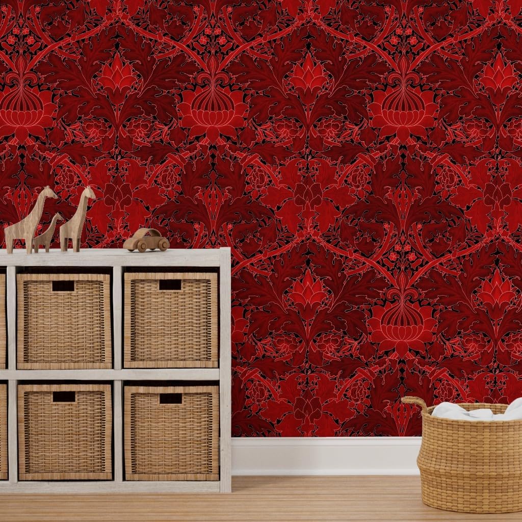 Removable Wallpaper 6ft x 2ft - Damask Red Black Art Nouveau Victorian Floral Custom Pre-Pasted Wallpaper by Spoonflower