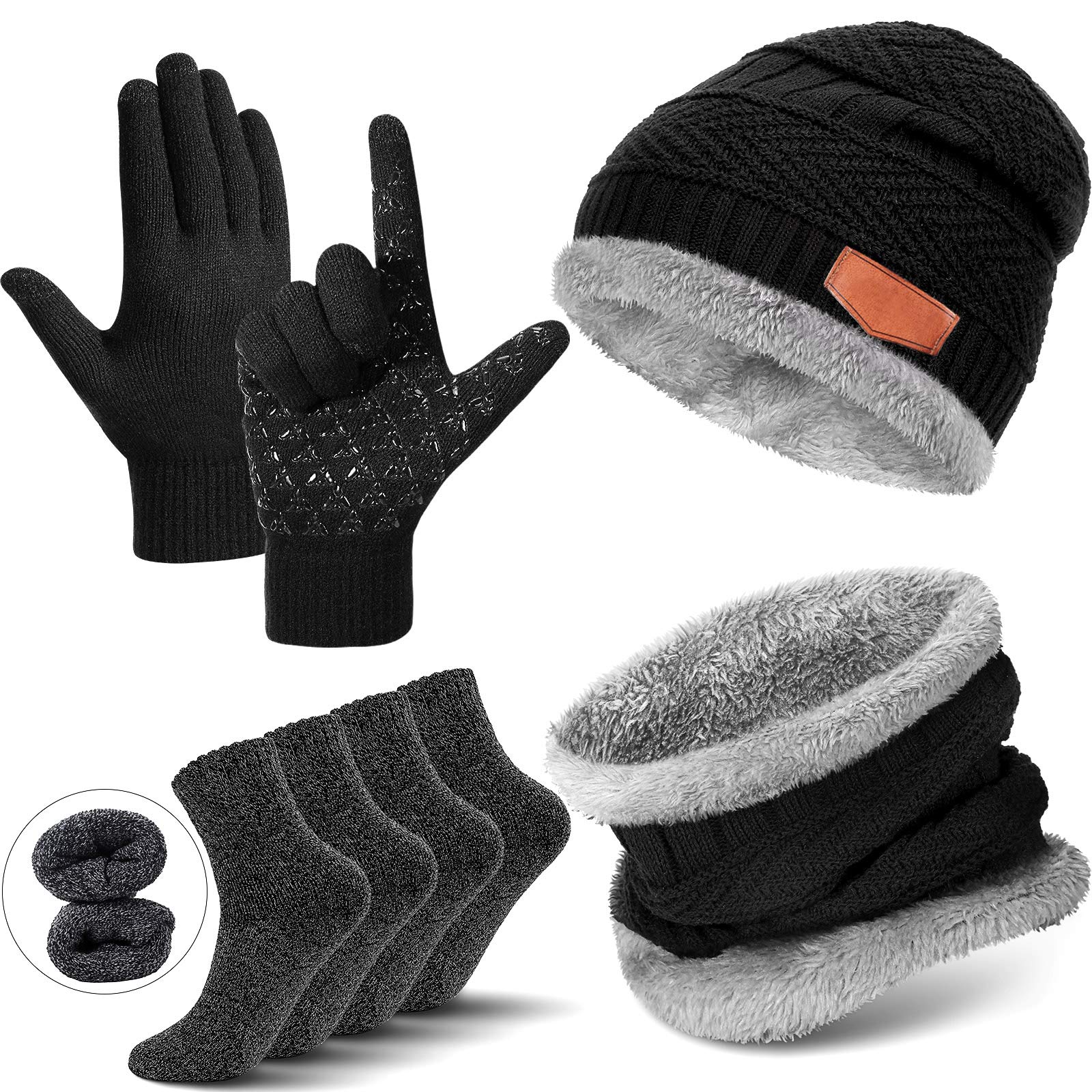 Men and Women Winter Fleece Lined Beanie Hat, Scarf, Sock and Glove Set, Black, Dark Grey, One size