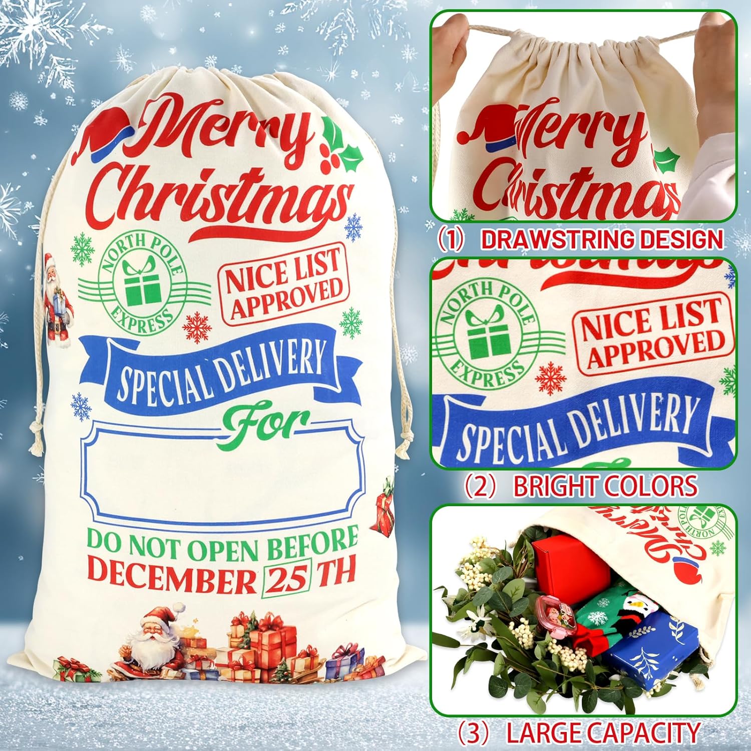 Fancy Land 3 Pack Large Christmas Canvas Gift Bags with Drawstring Jumbo from Santa Sacks Giant North Pole Express Bag for Holiday Presents Party Decor Supplies - Image 3